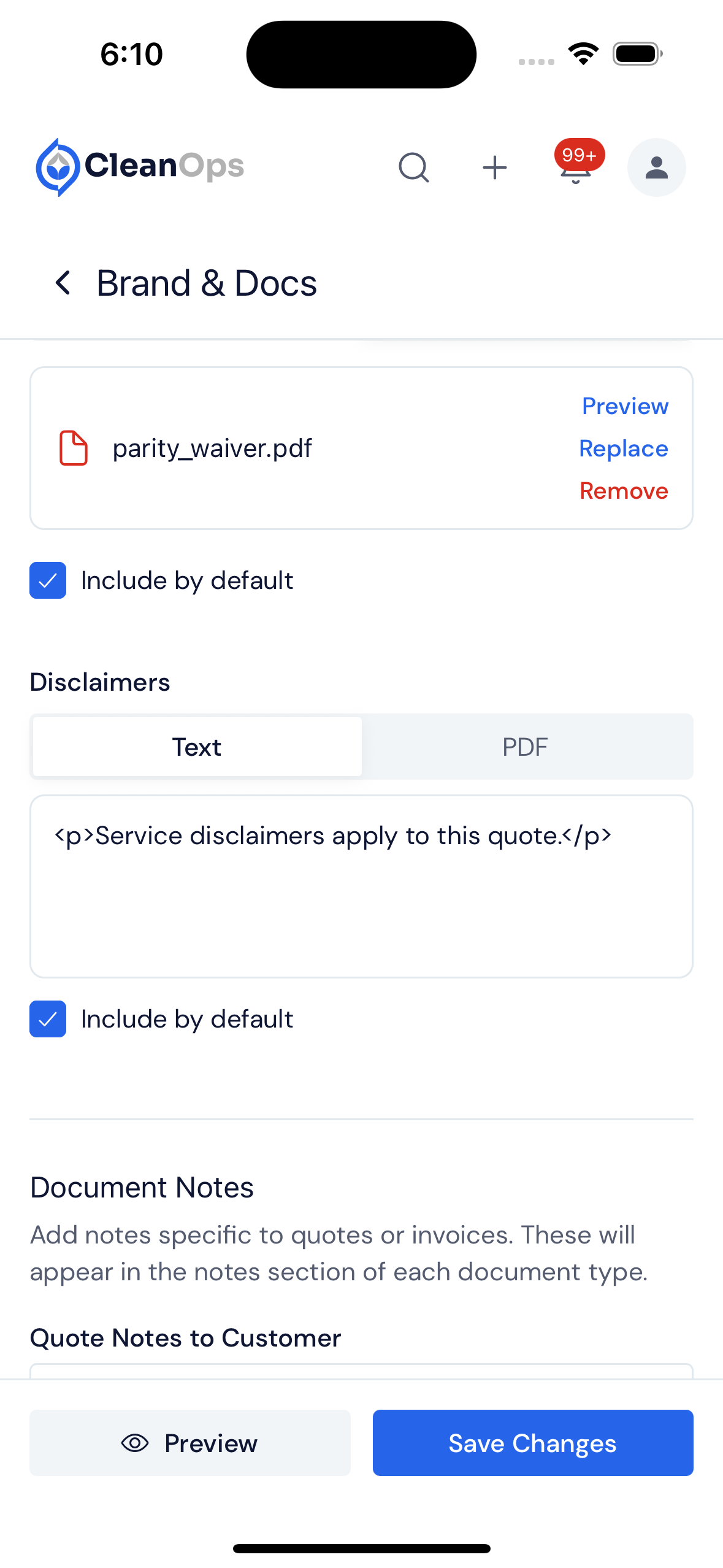 Screenshot — Choose what new quotes include