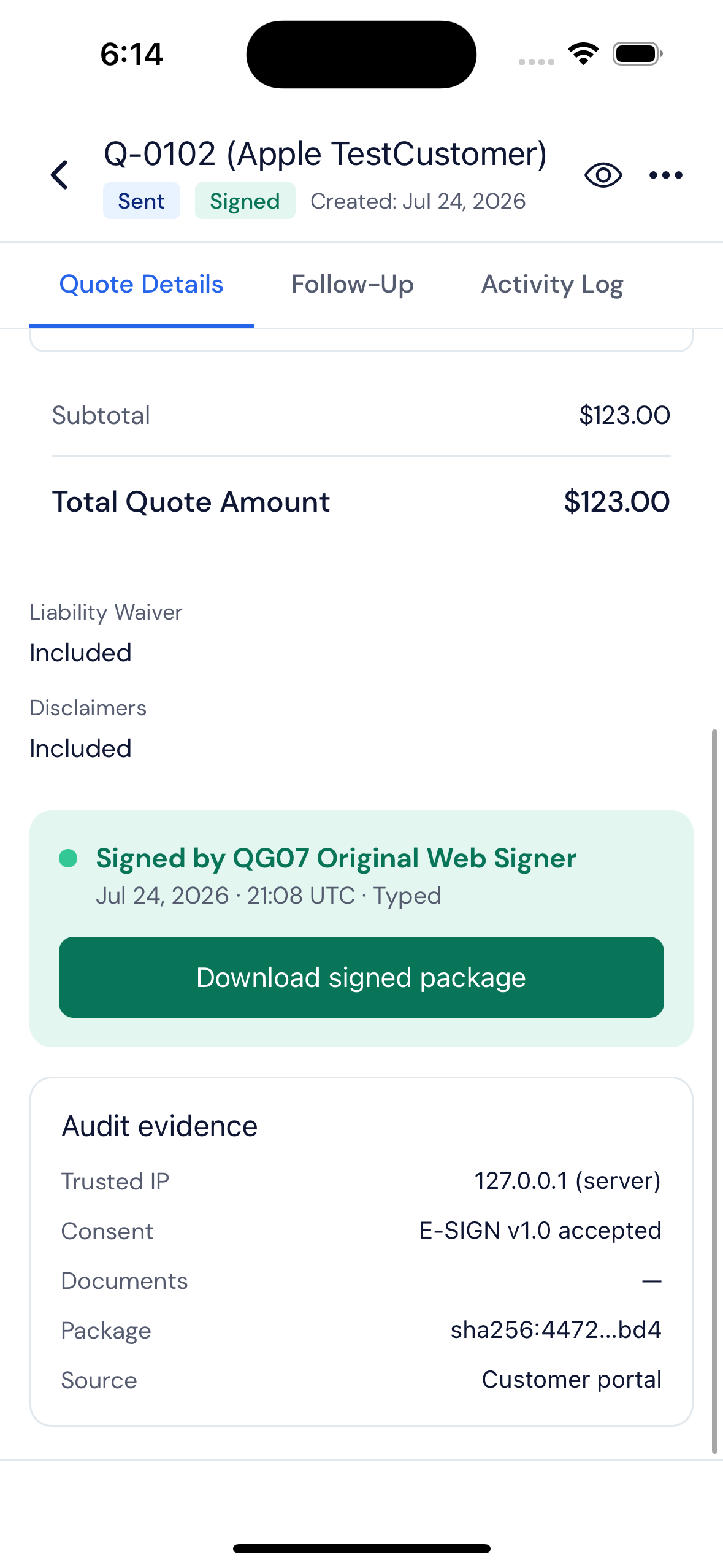 Screenshot — What the issued quote records