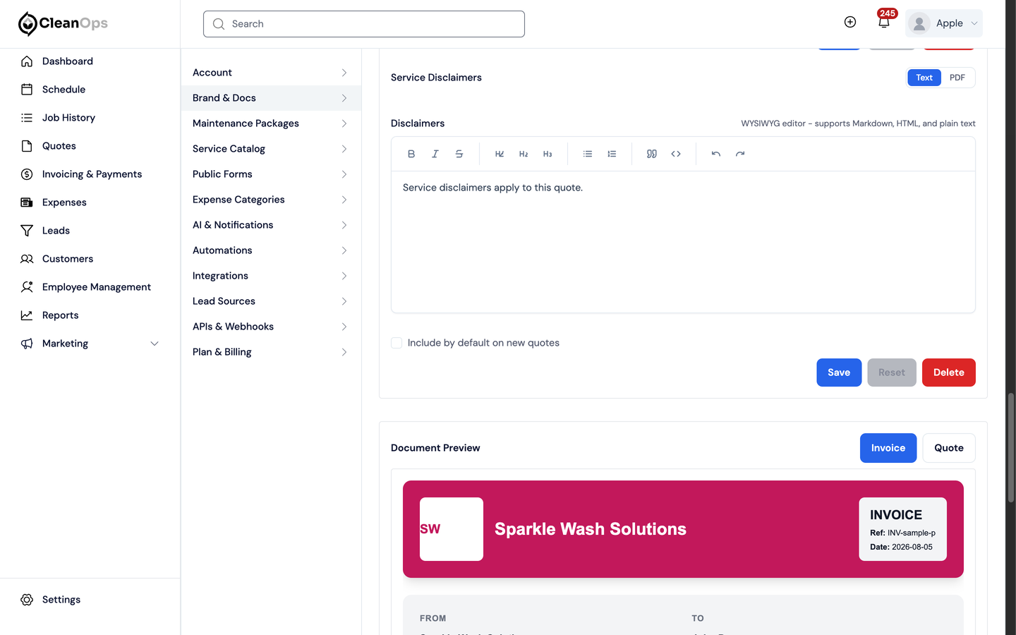 Screenshot — Write the service disclaimers