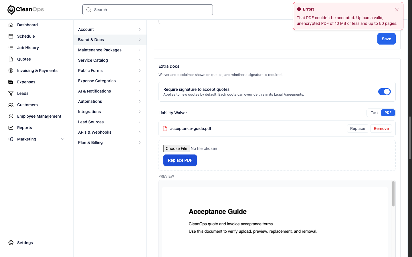 Screenshot — PDF requirements and recovery