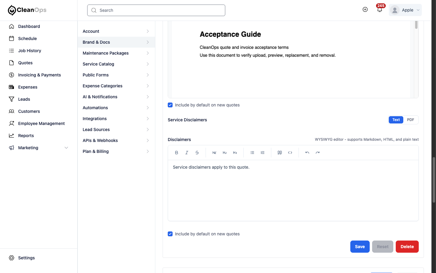 Screenshot — Choose what new quotes include