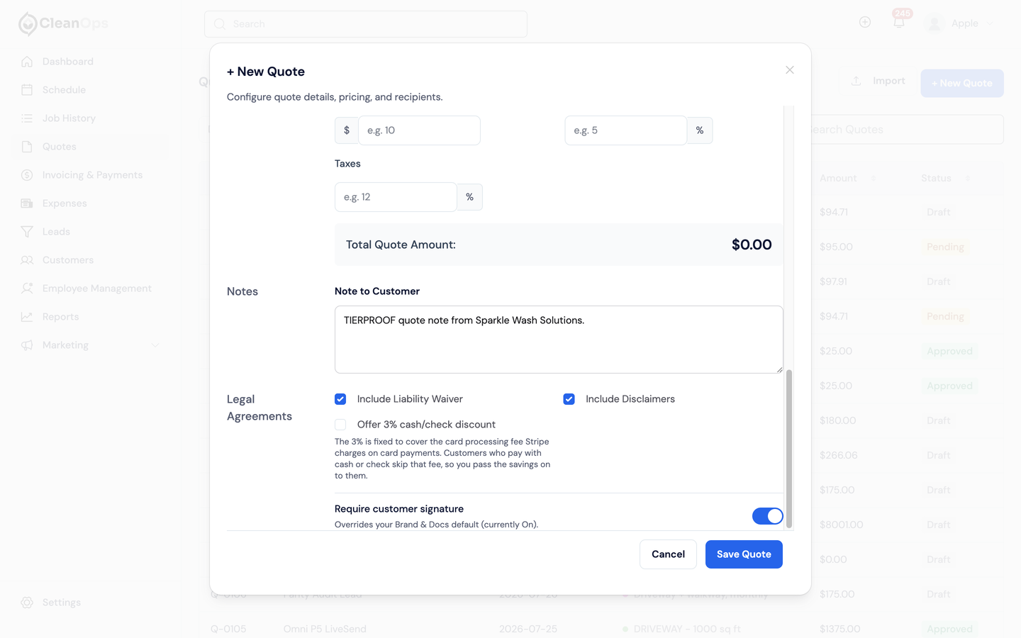 Screenshot — Verify or override a new quote