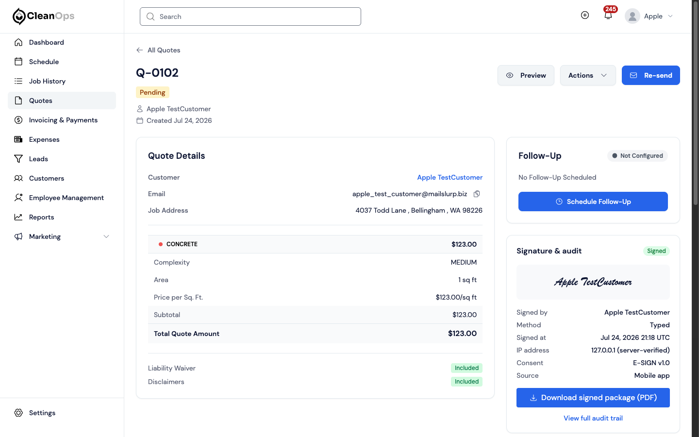 Screenshot — What the issued quote records
