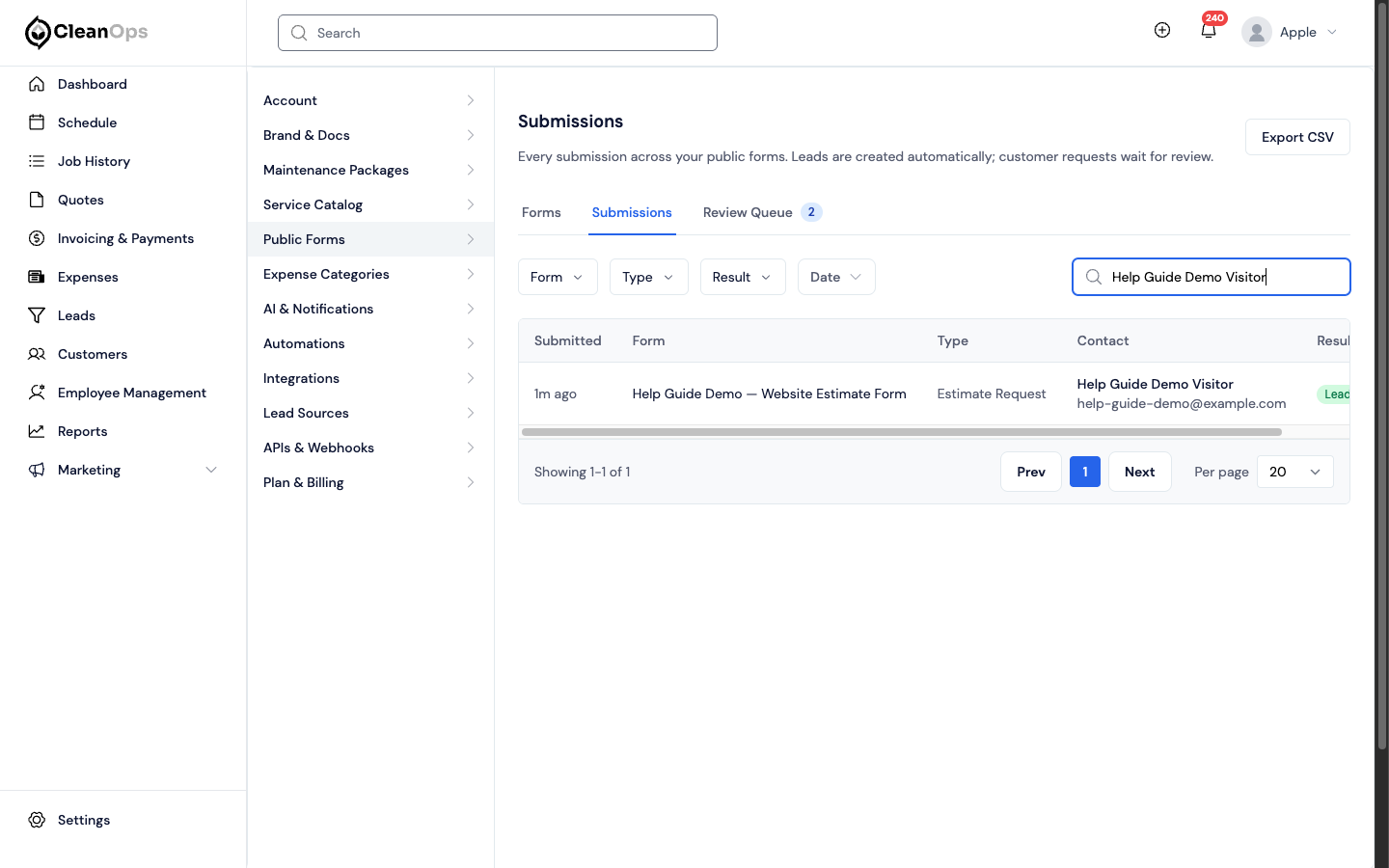 Screenshot — Find and export submissions