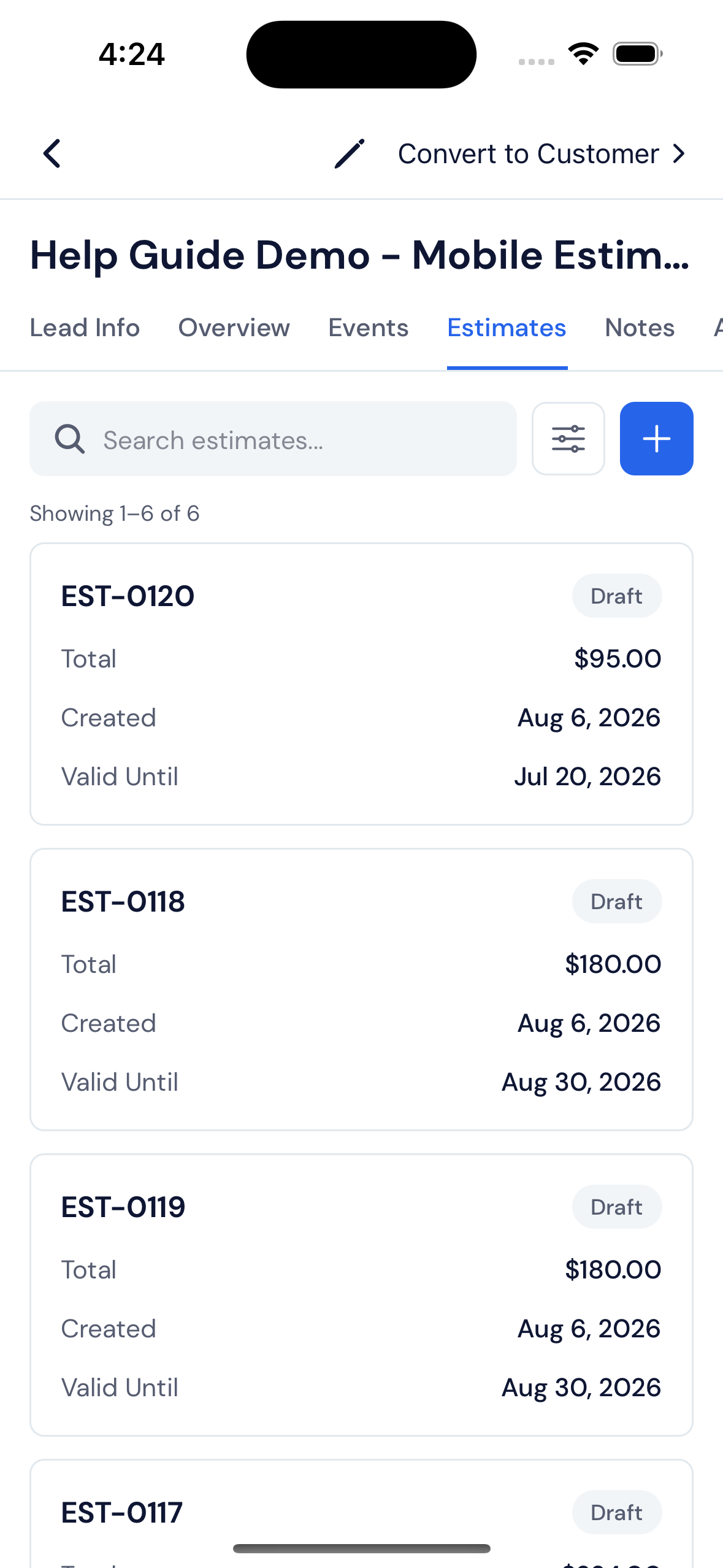 Screenshot — Open a lead's estimates