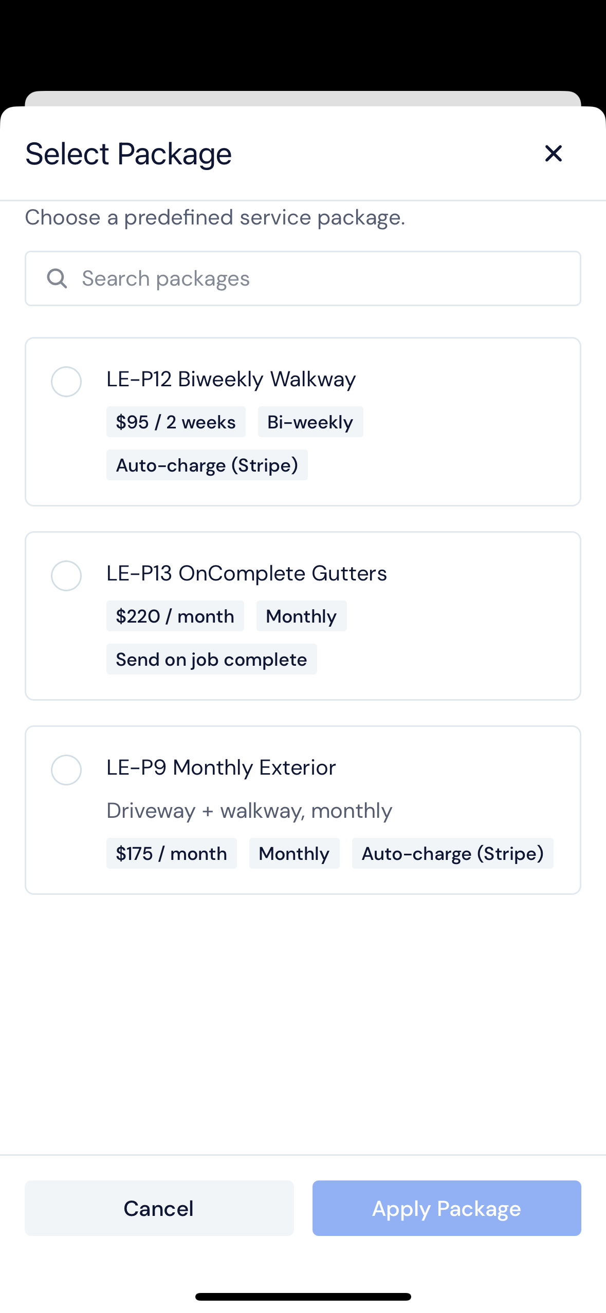 Screenshot — Use a service package instead
