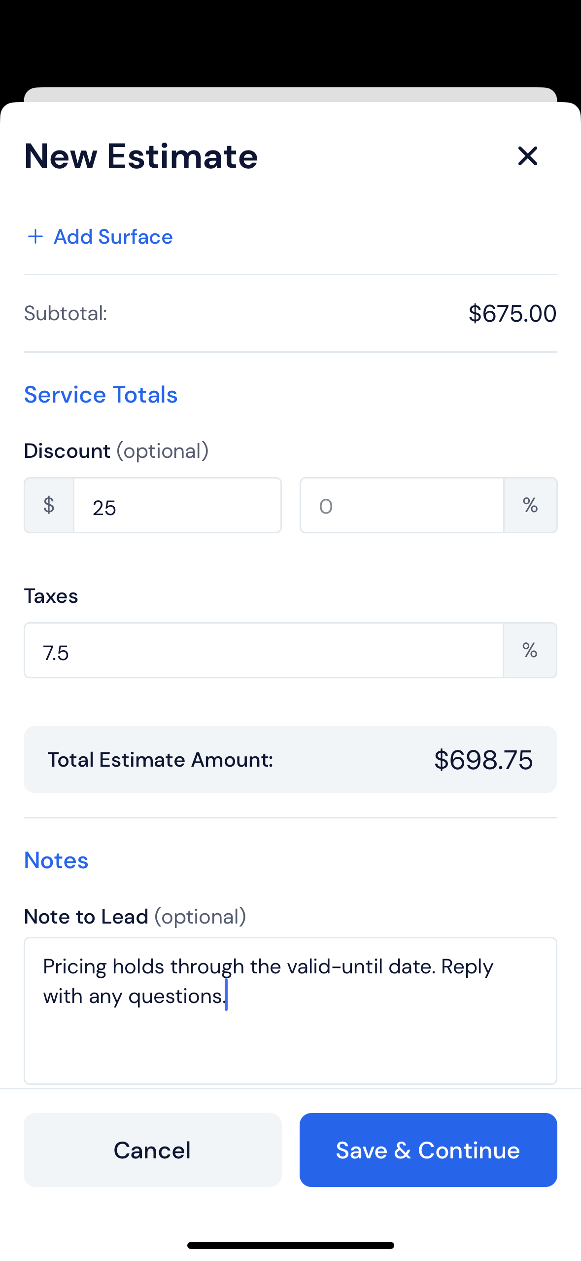 Screenshot — Add totals and notes