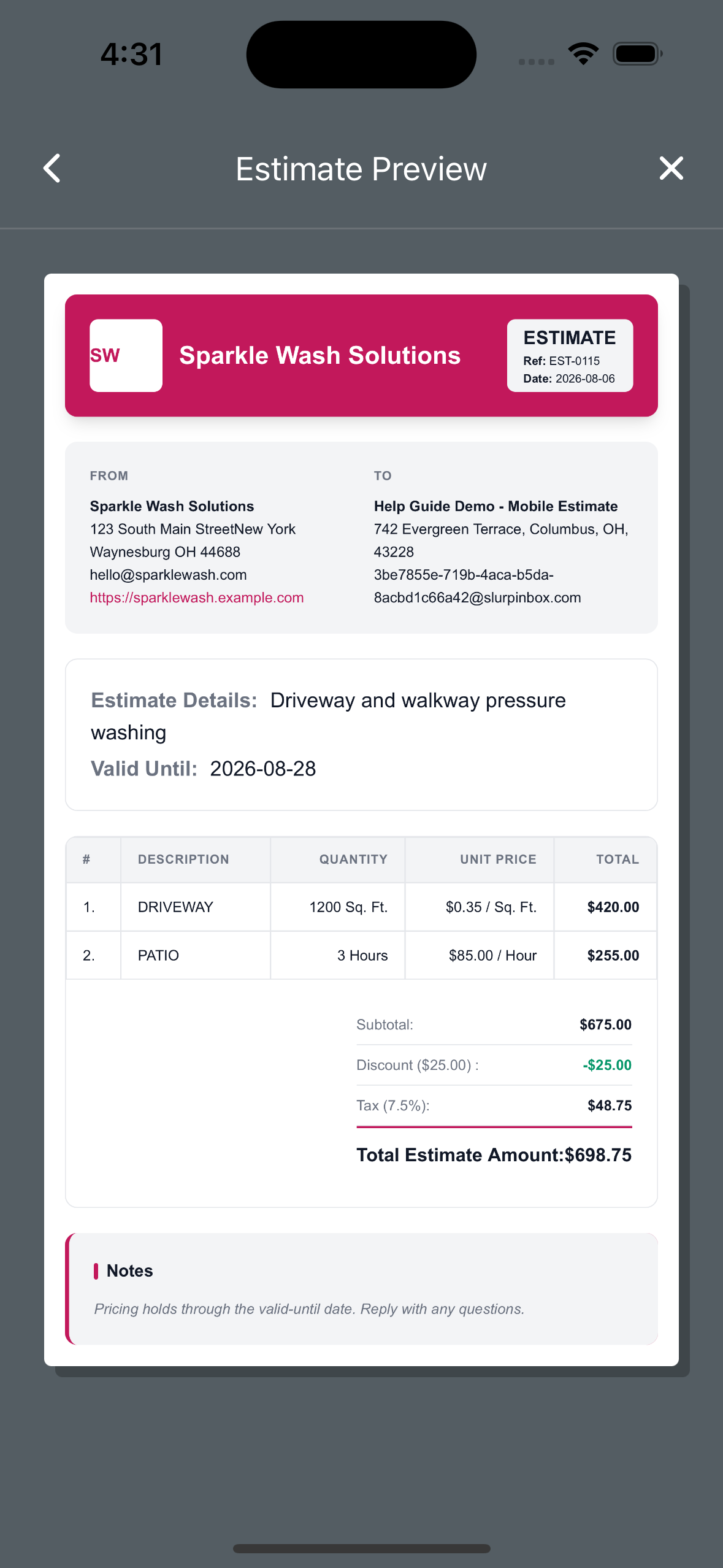 Screenshot — Preview the estimate