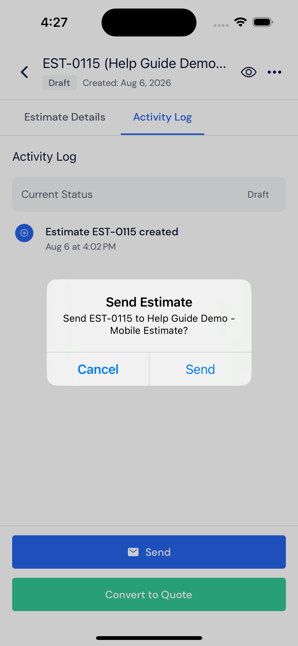 Screenshot — Send the estimate