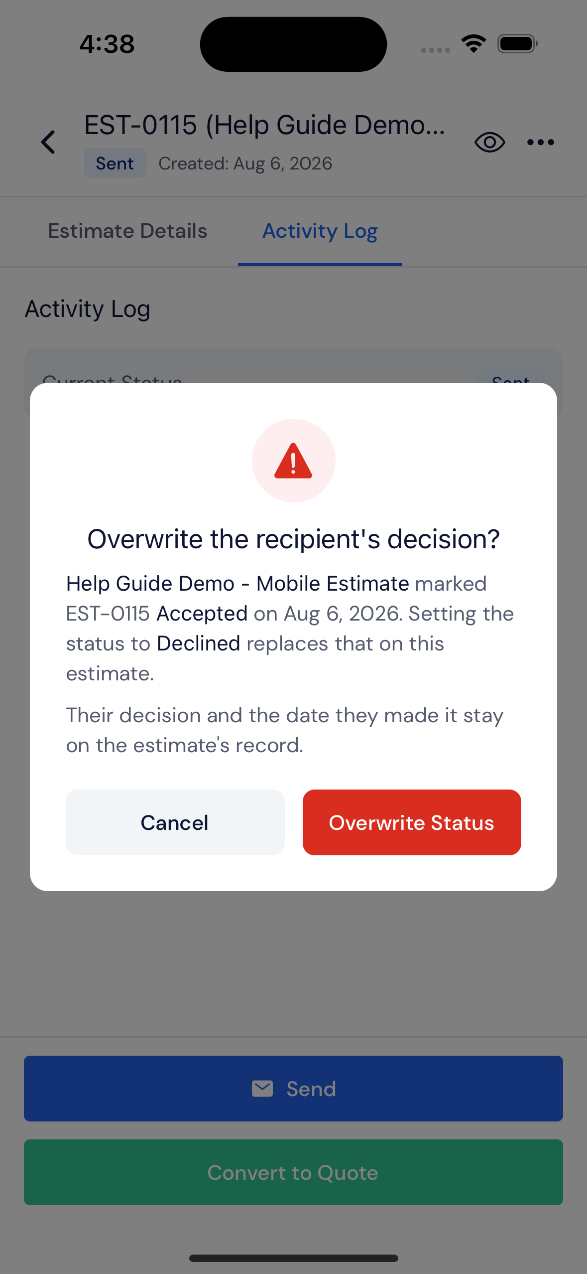 Screenshot — Correct an estimate's status