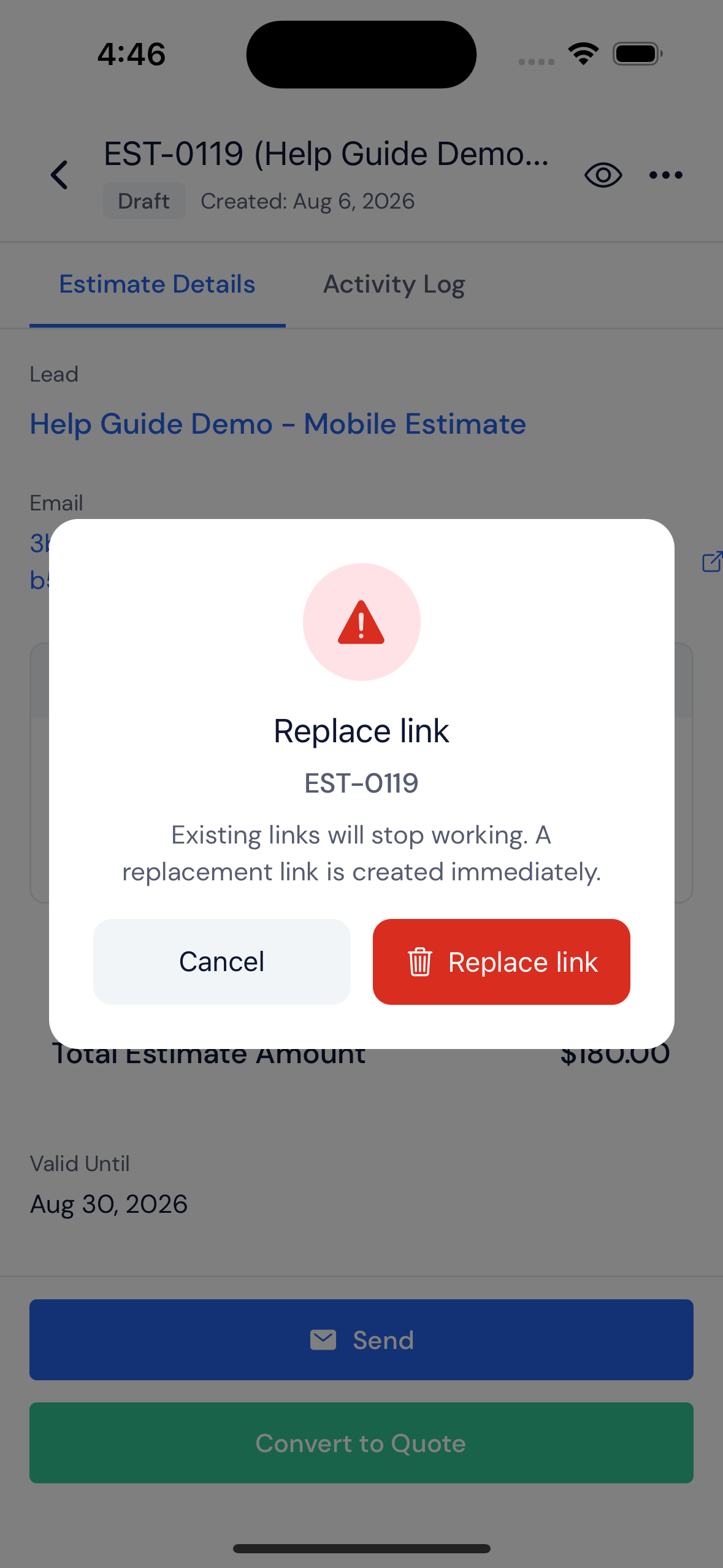 Screenshot — Replace or revoke a public link