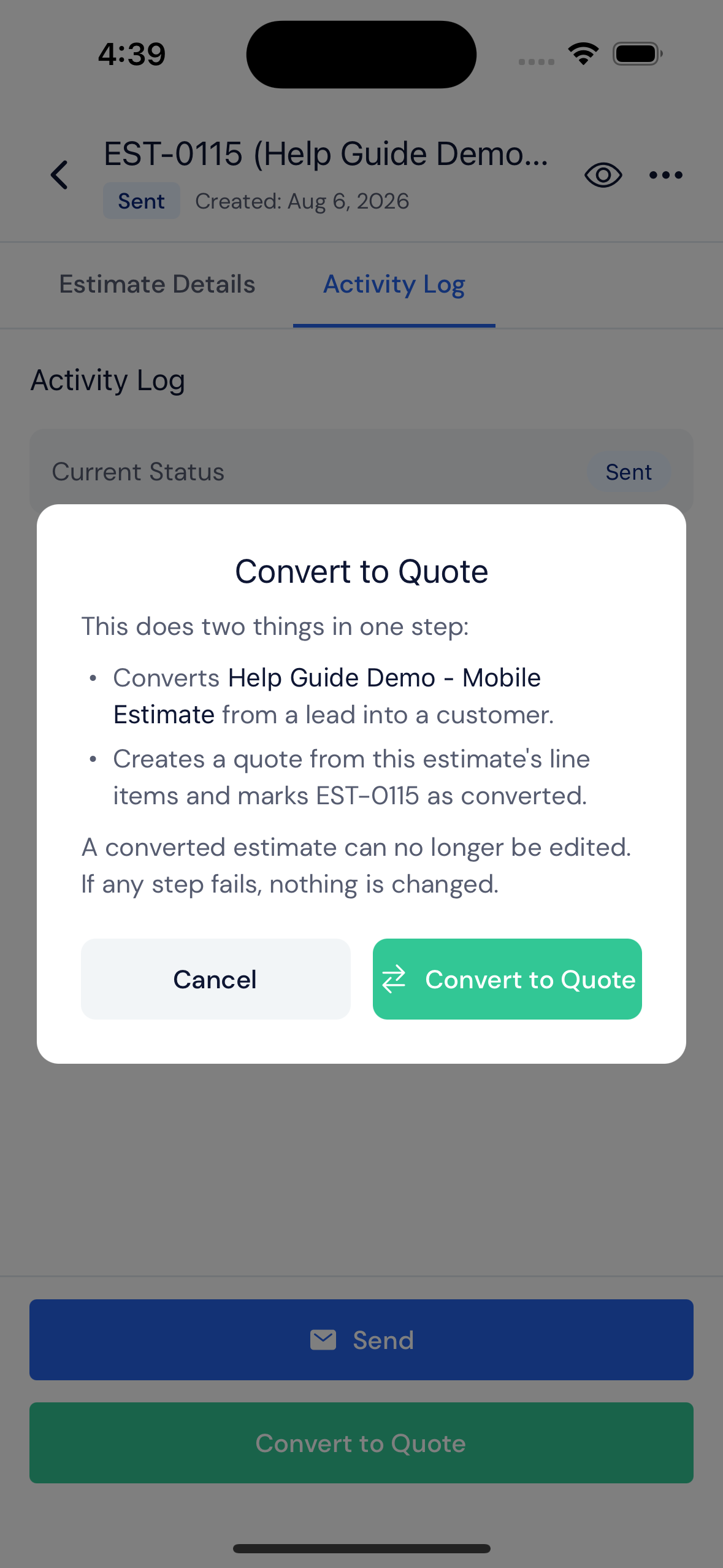 Screenshot — Convert the estimate to a quote