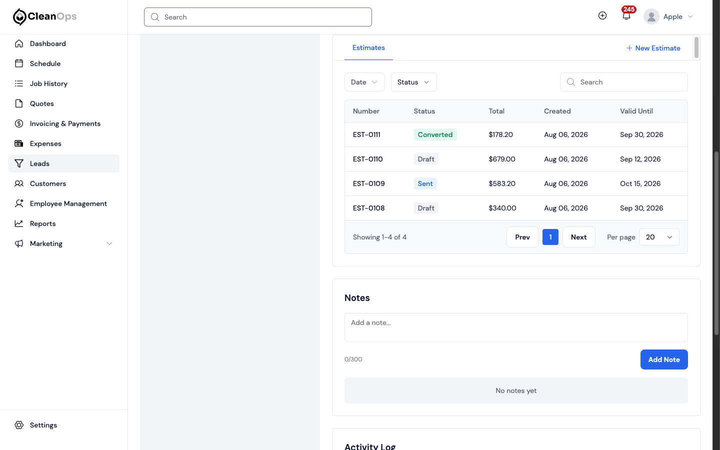 Screenshot — Open a lead's estimates