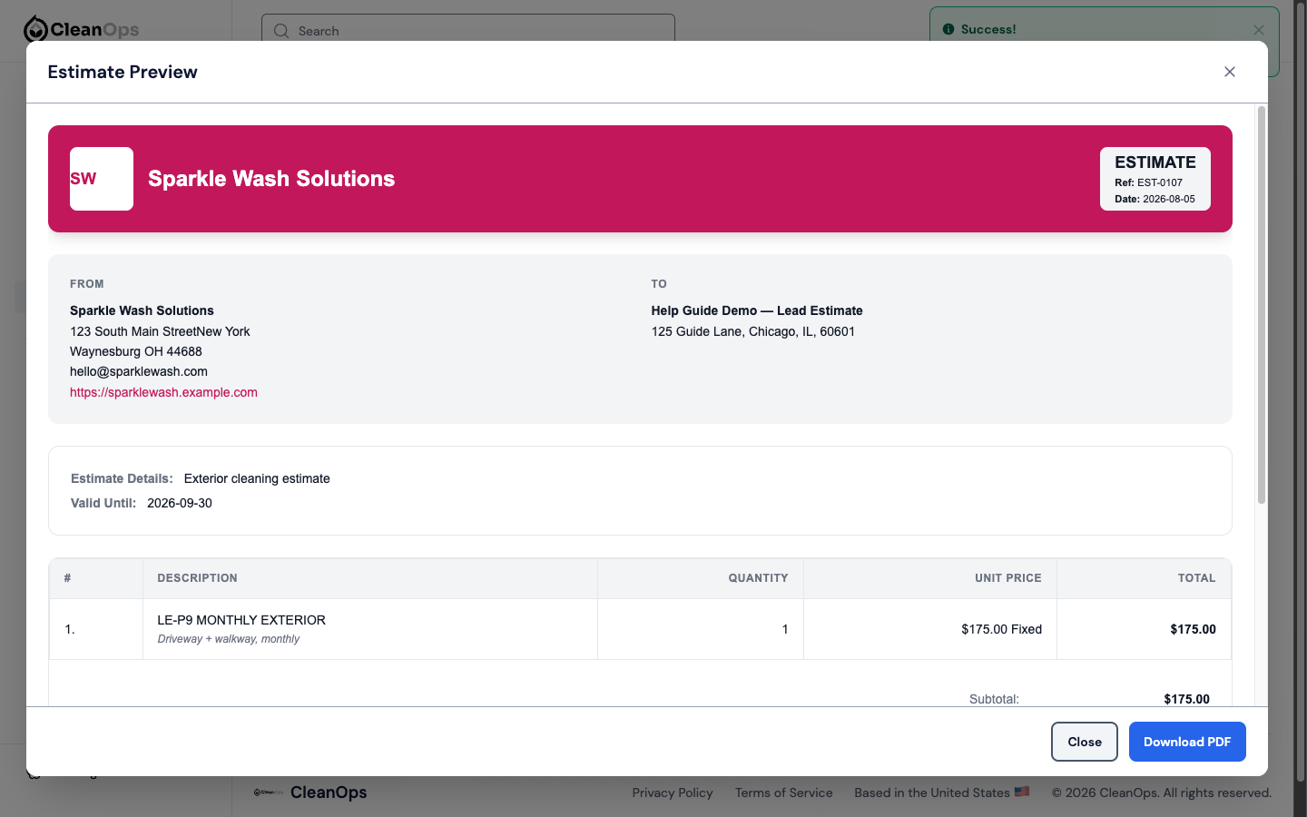 Screenshot — Preview and download the estimate