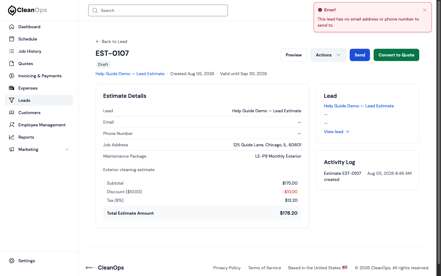 Screenshot — Send the estimate