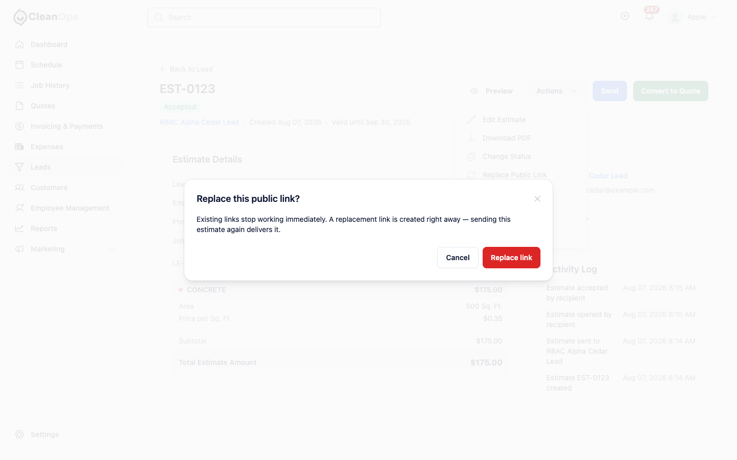 Screenshot — Replace or revoke a public link
