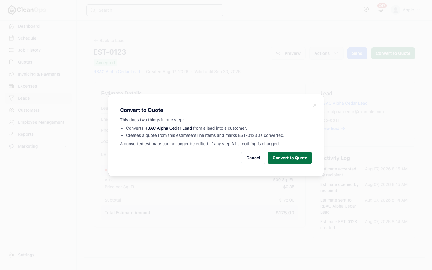 Screenshot — Convert the estimate to a quote