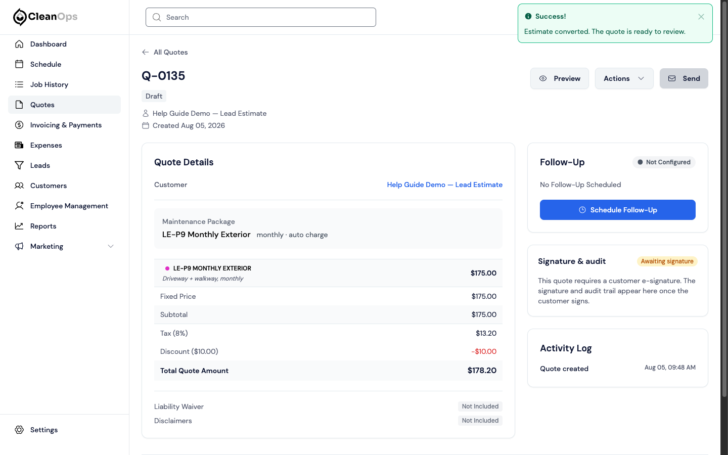 Screenshot — The customer and quote are linked