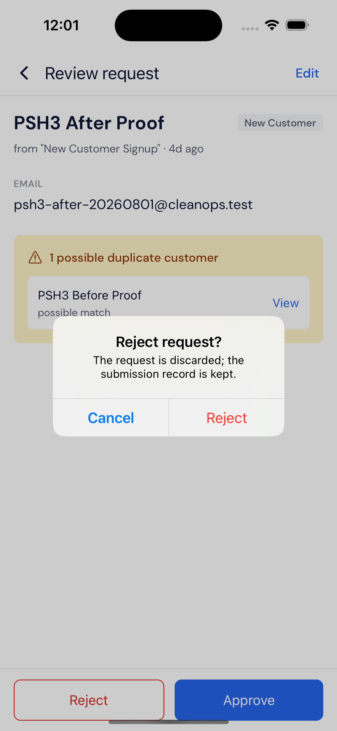 Screenshot — Reject a request