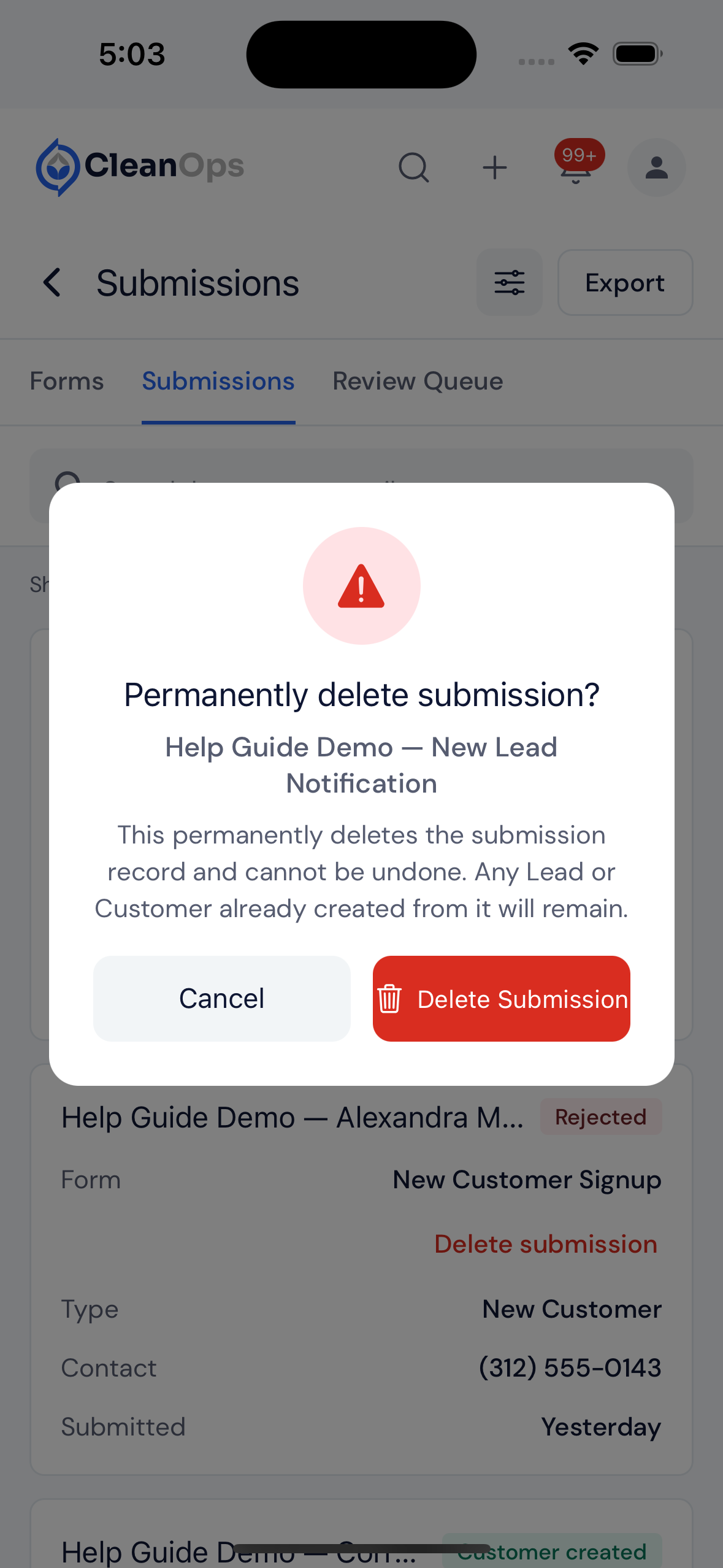 Screenshot — Permanently delete a submission
