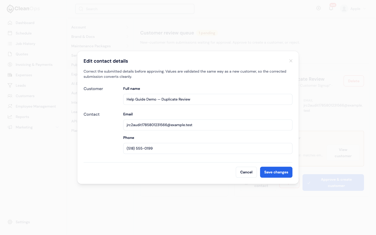 Screenshot — Correct contact details