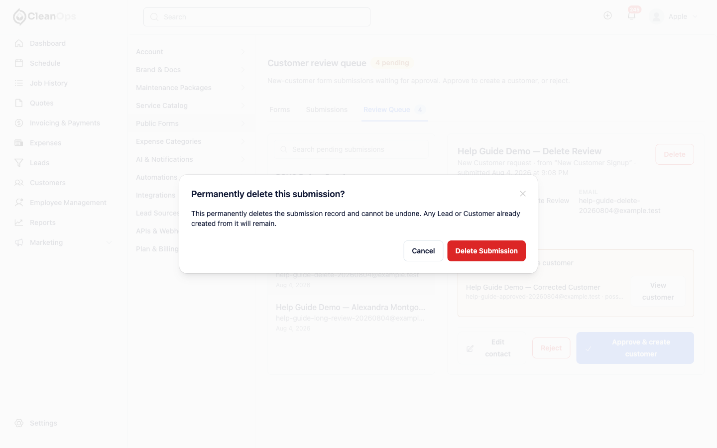 Screenshot — Permanently delete a request
