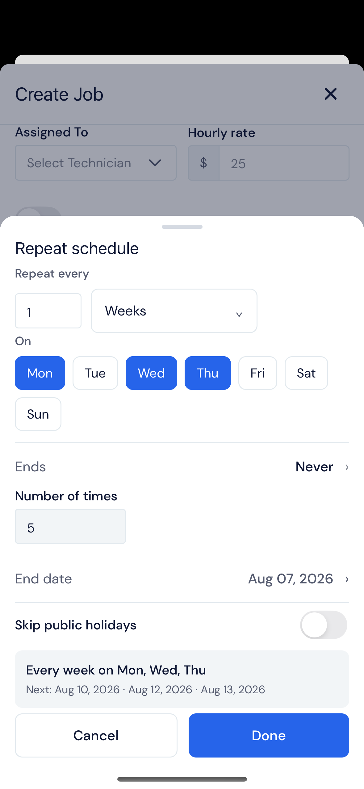 Screenshot — Choose a weekly schedule