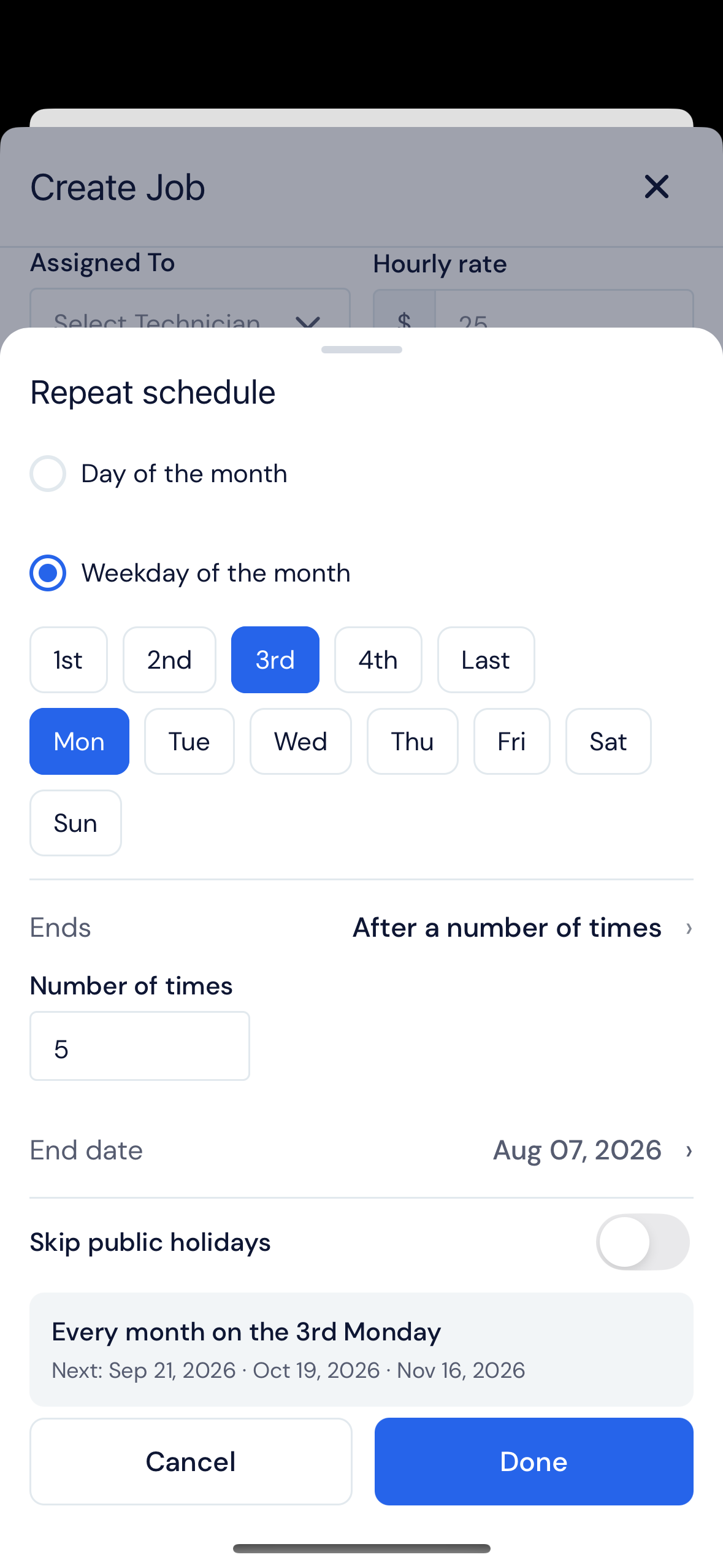 Screenshot — Choose when recurrence ends