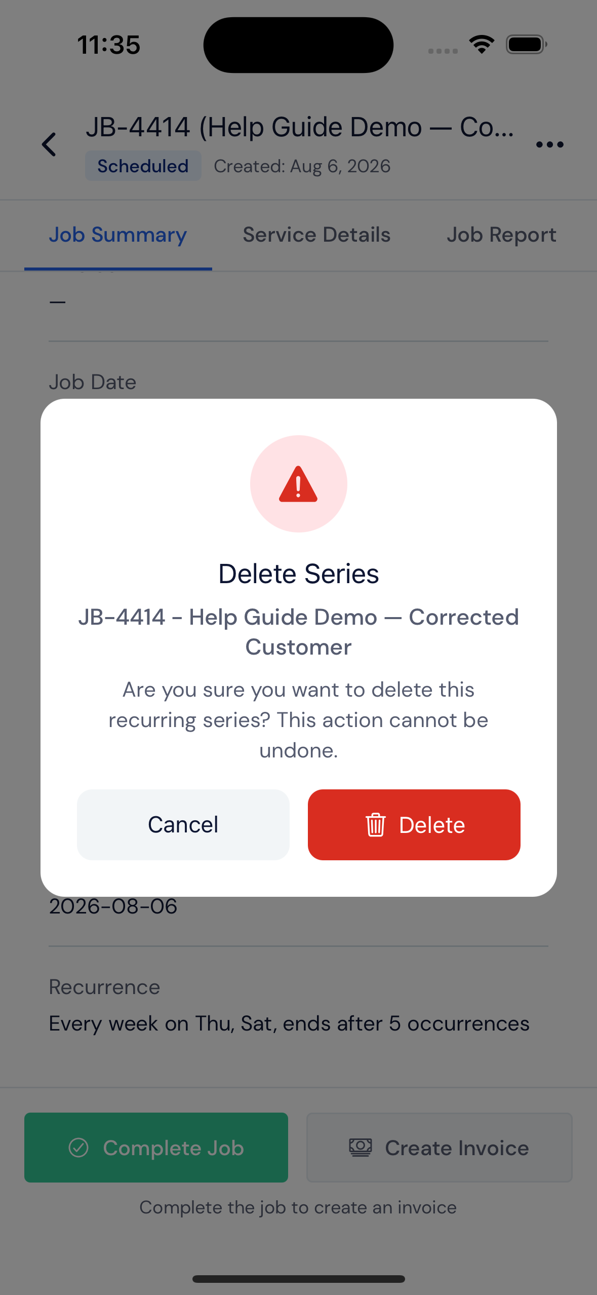 Screenshot — Permanently delete a series