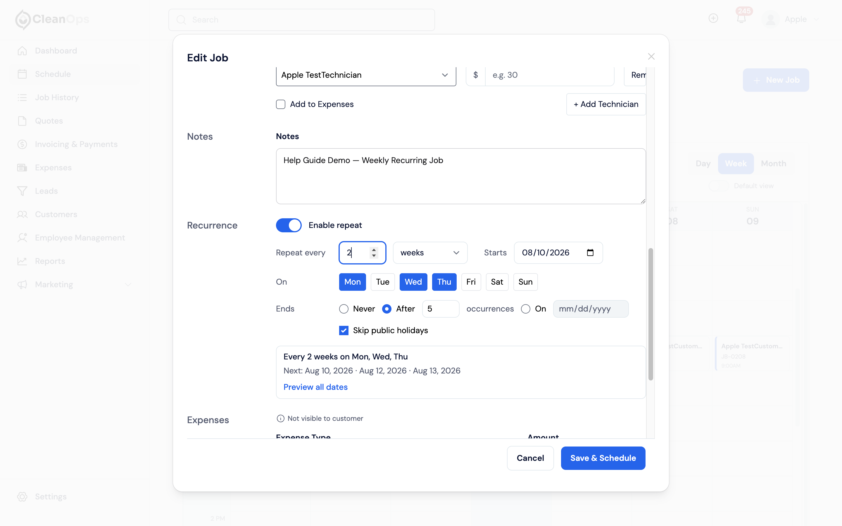 Screenshot — Edit a recurring schedule