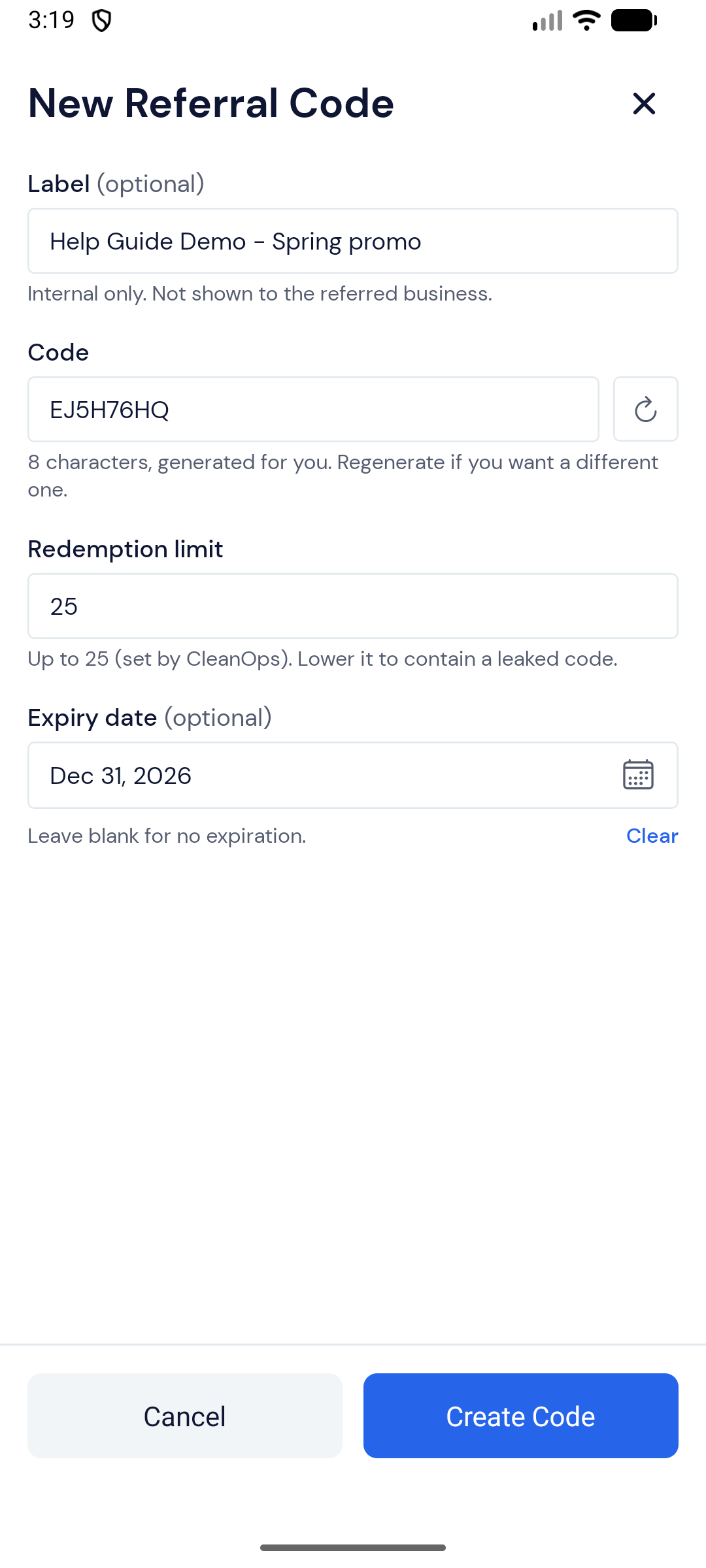 Screenshot — Create a code