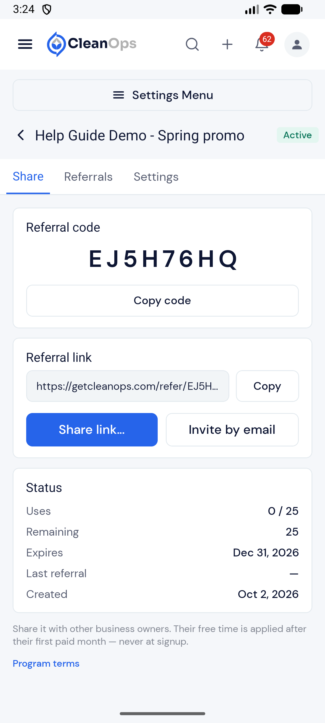 Screenshot — Copy or share your code and link
