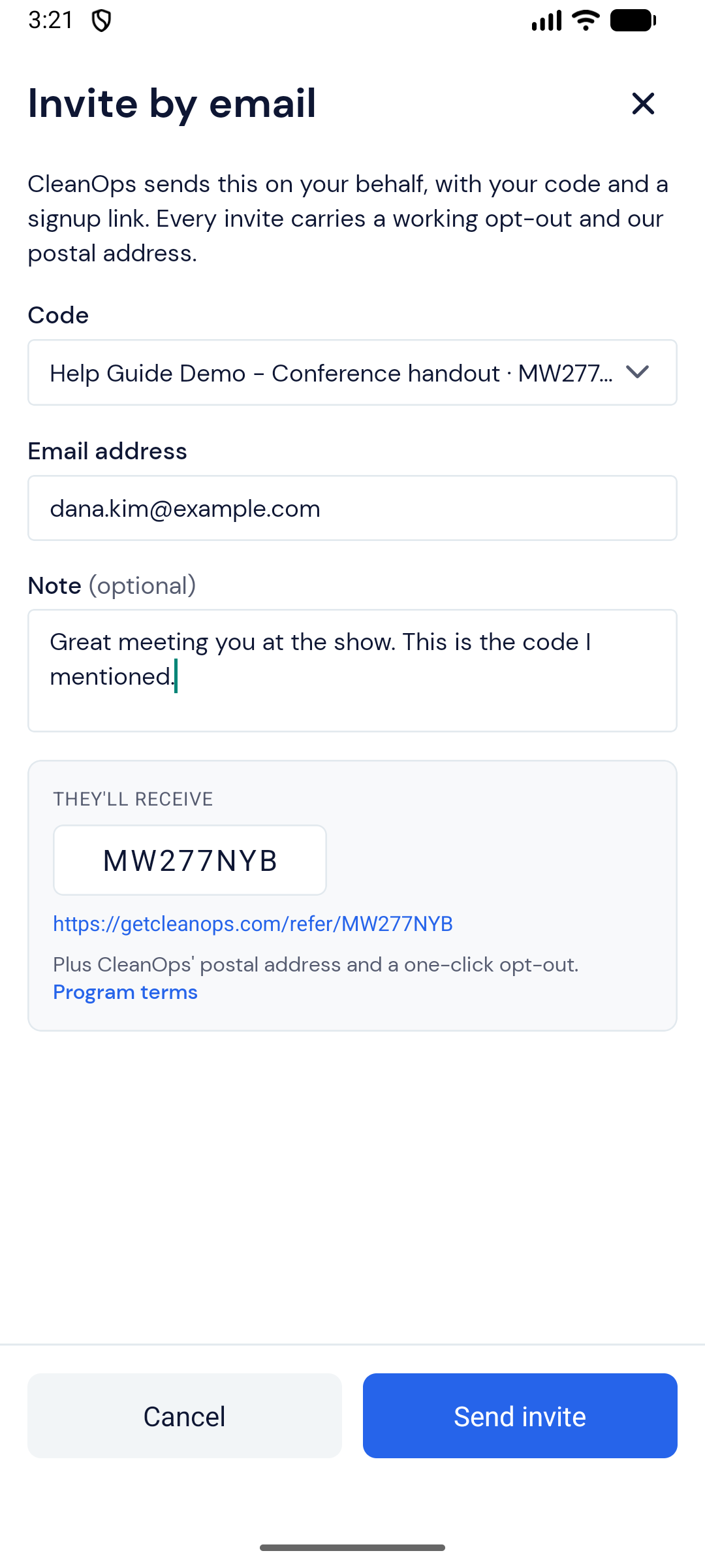 Screenshot — Invite a business by email
