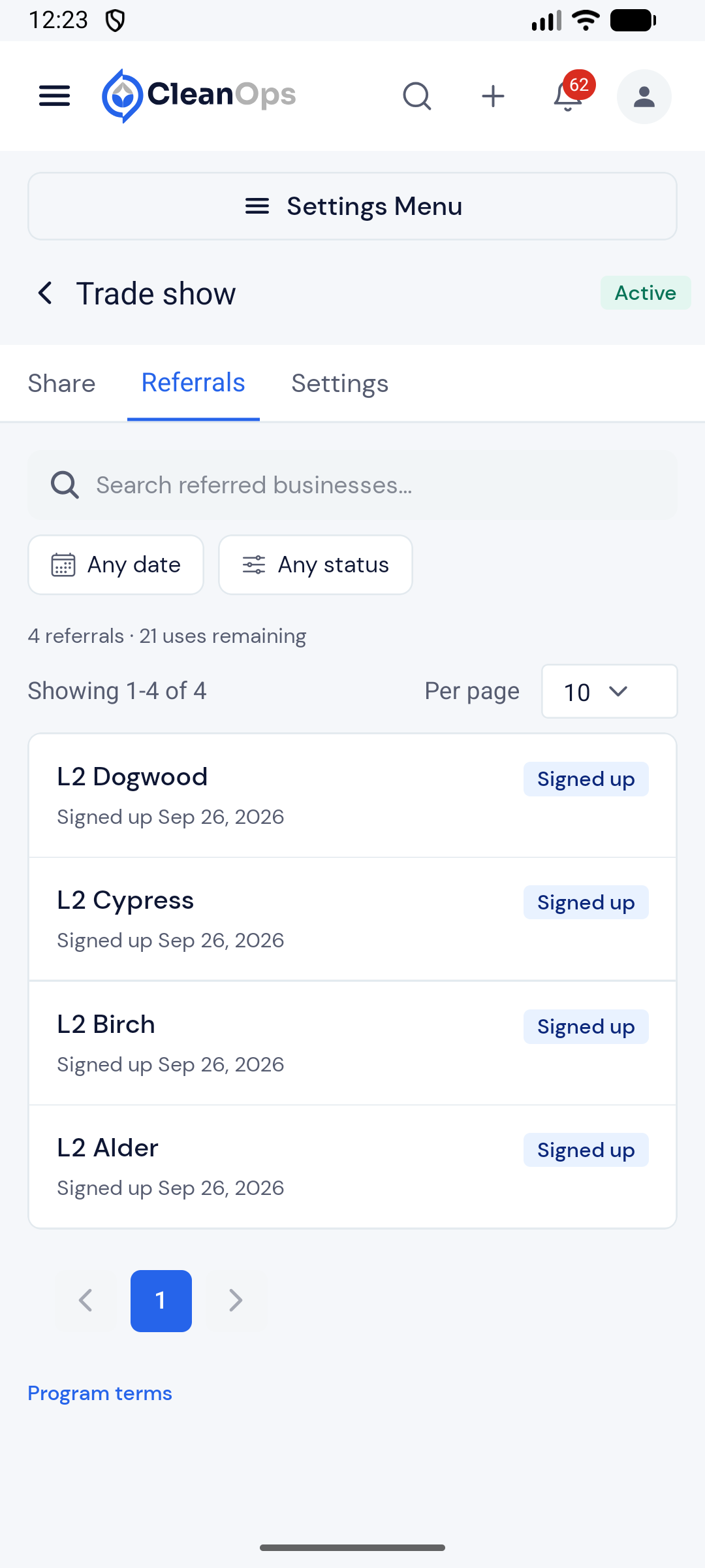 Screenshot — Referral statuses, and one code's activity