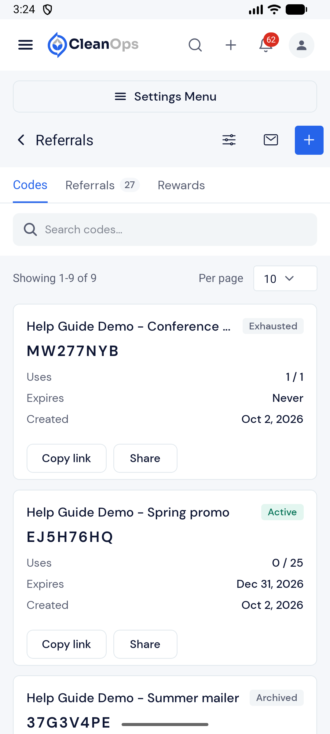 Screenshot — Code statuses, filters, and empty lists