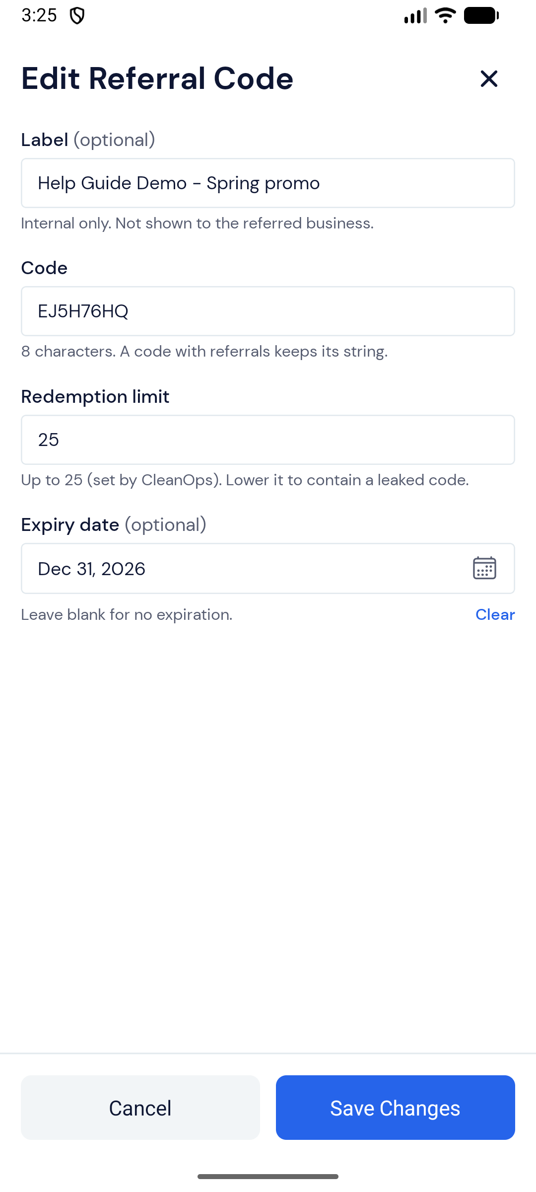 Screenshot — Edit a code