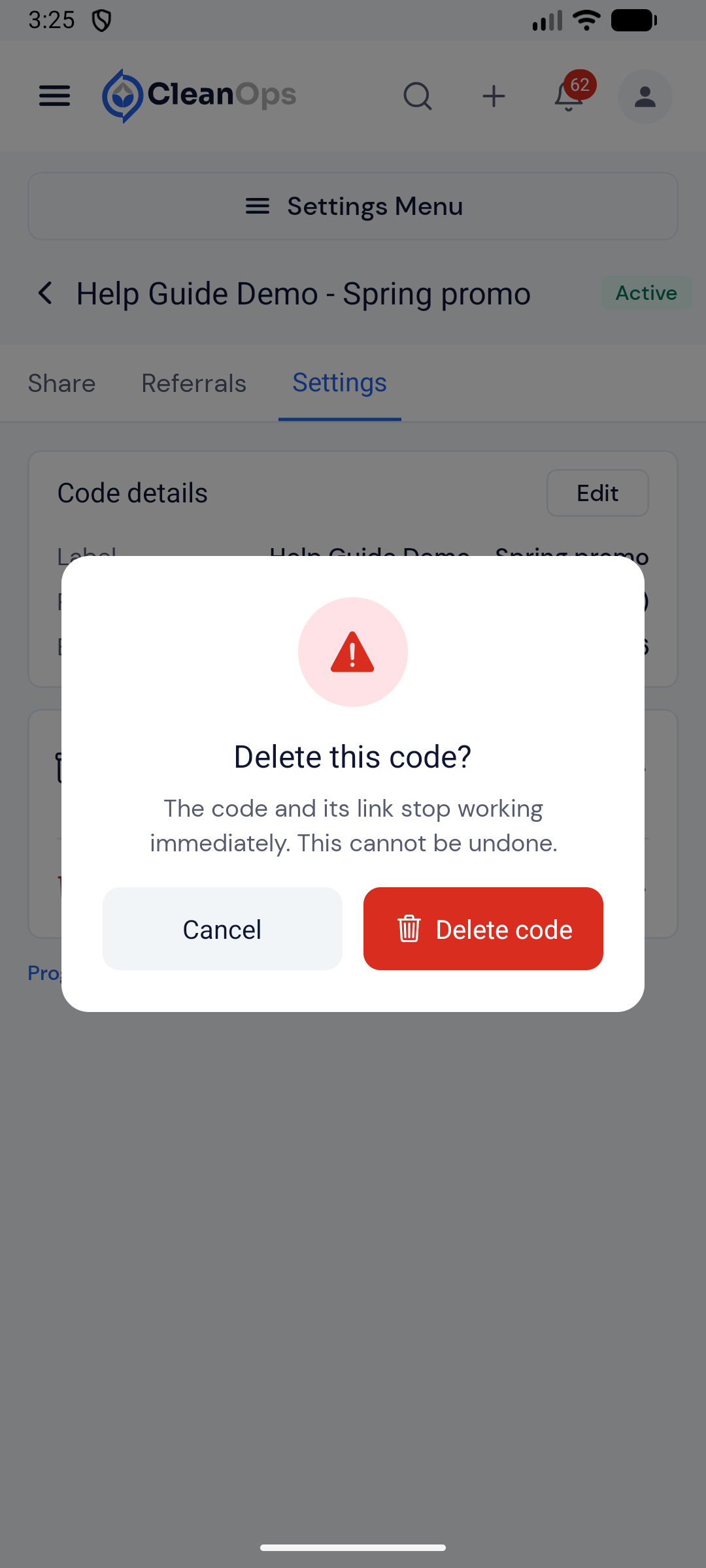 Screenshot — Delete an unused code