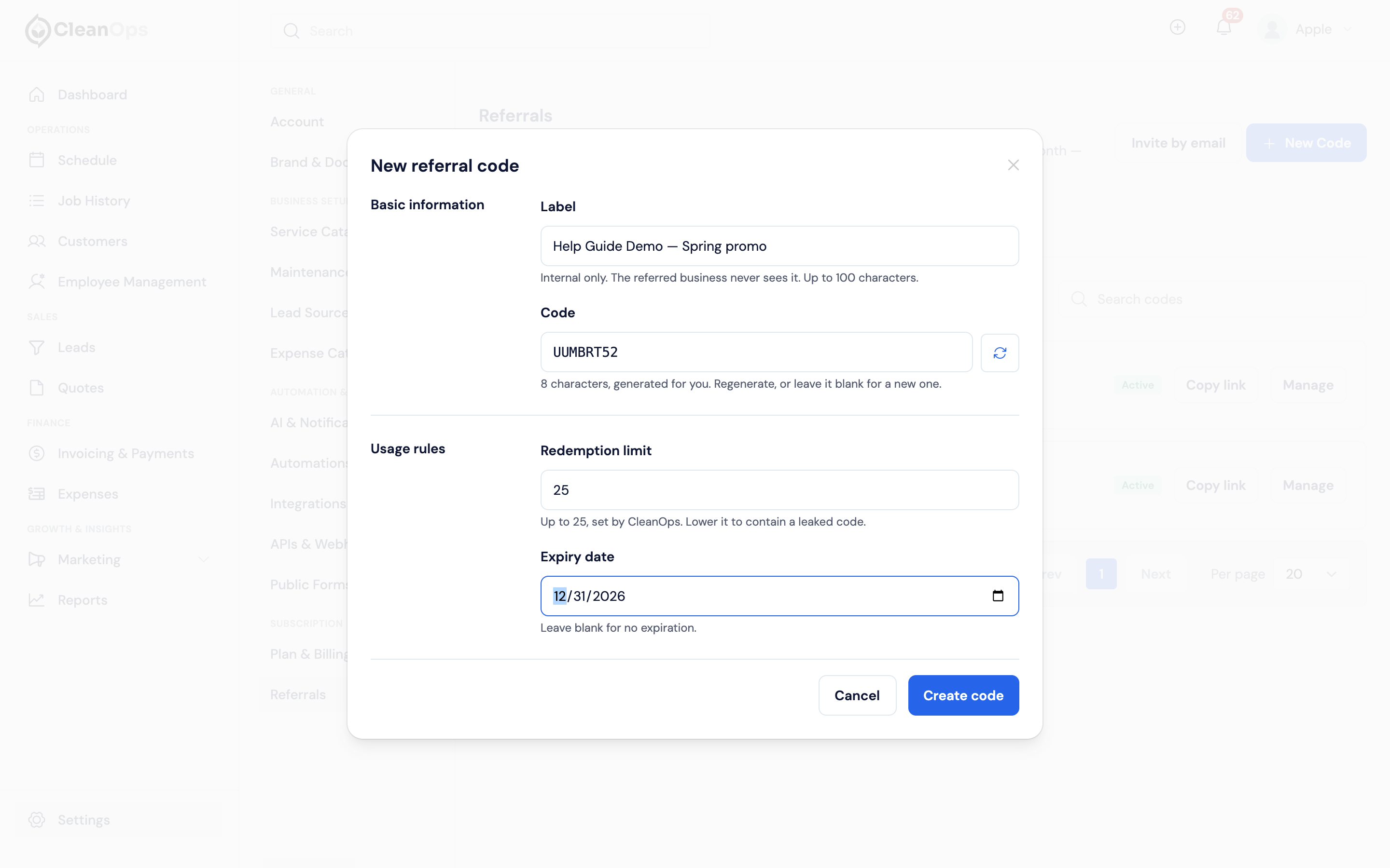 Screenshot — Create a code