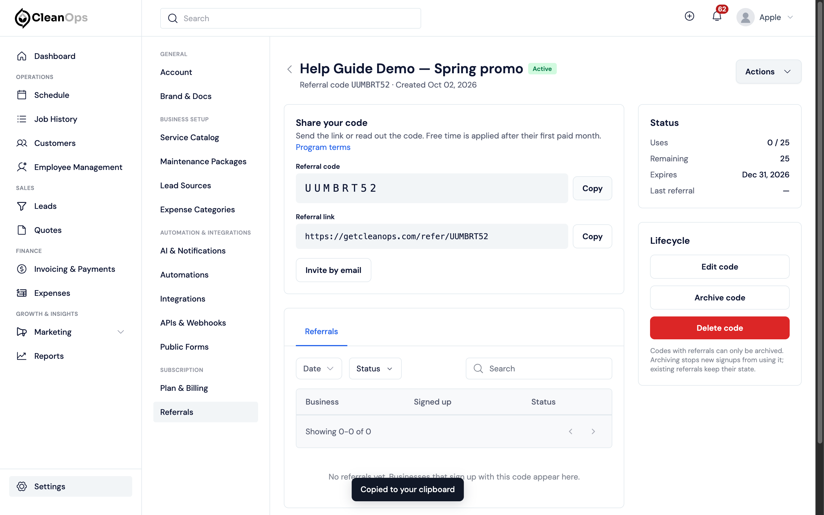 Screenshot — Copy your code and link