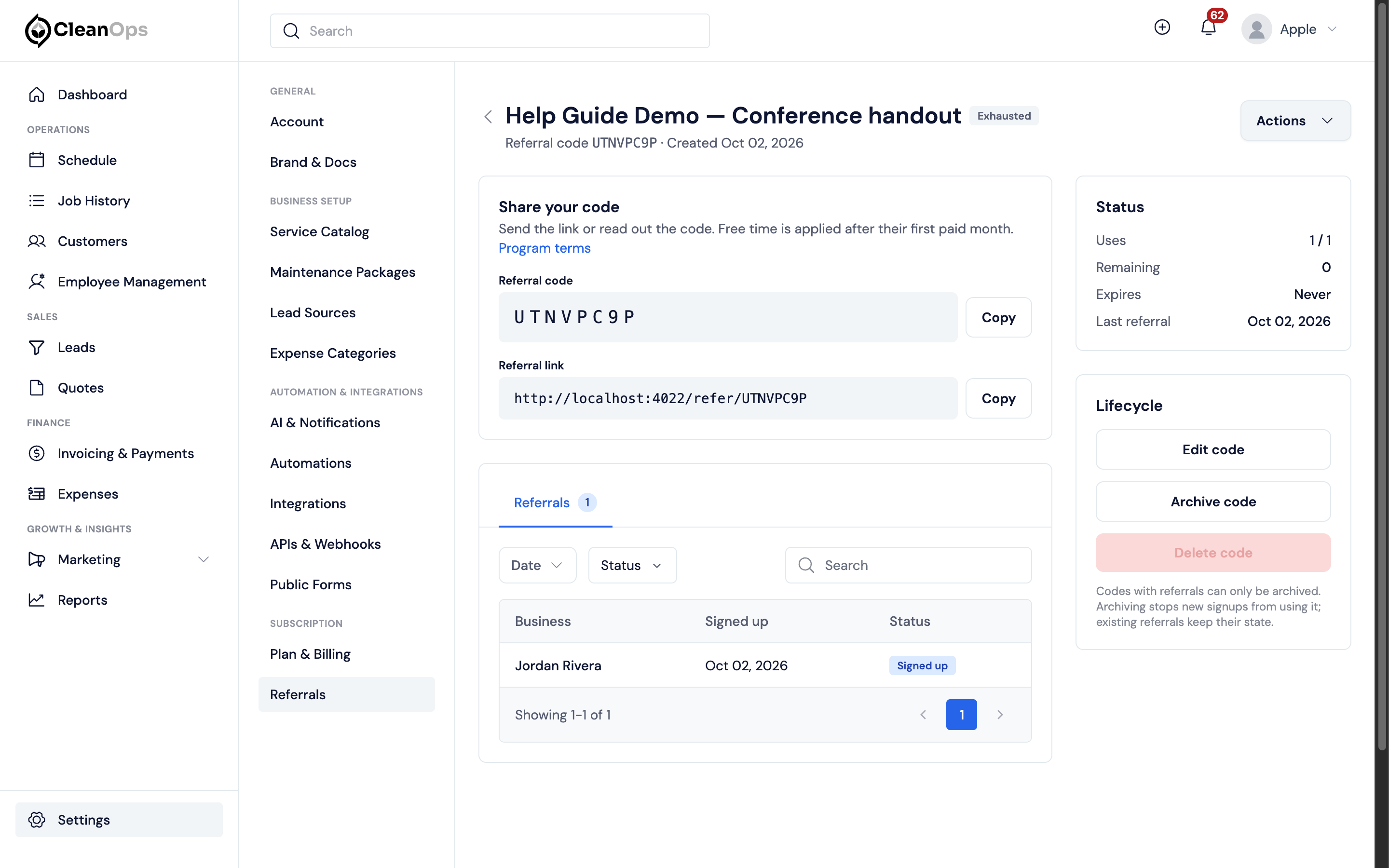 Screenshot — Referral statuses, and one code's activity