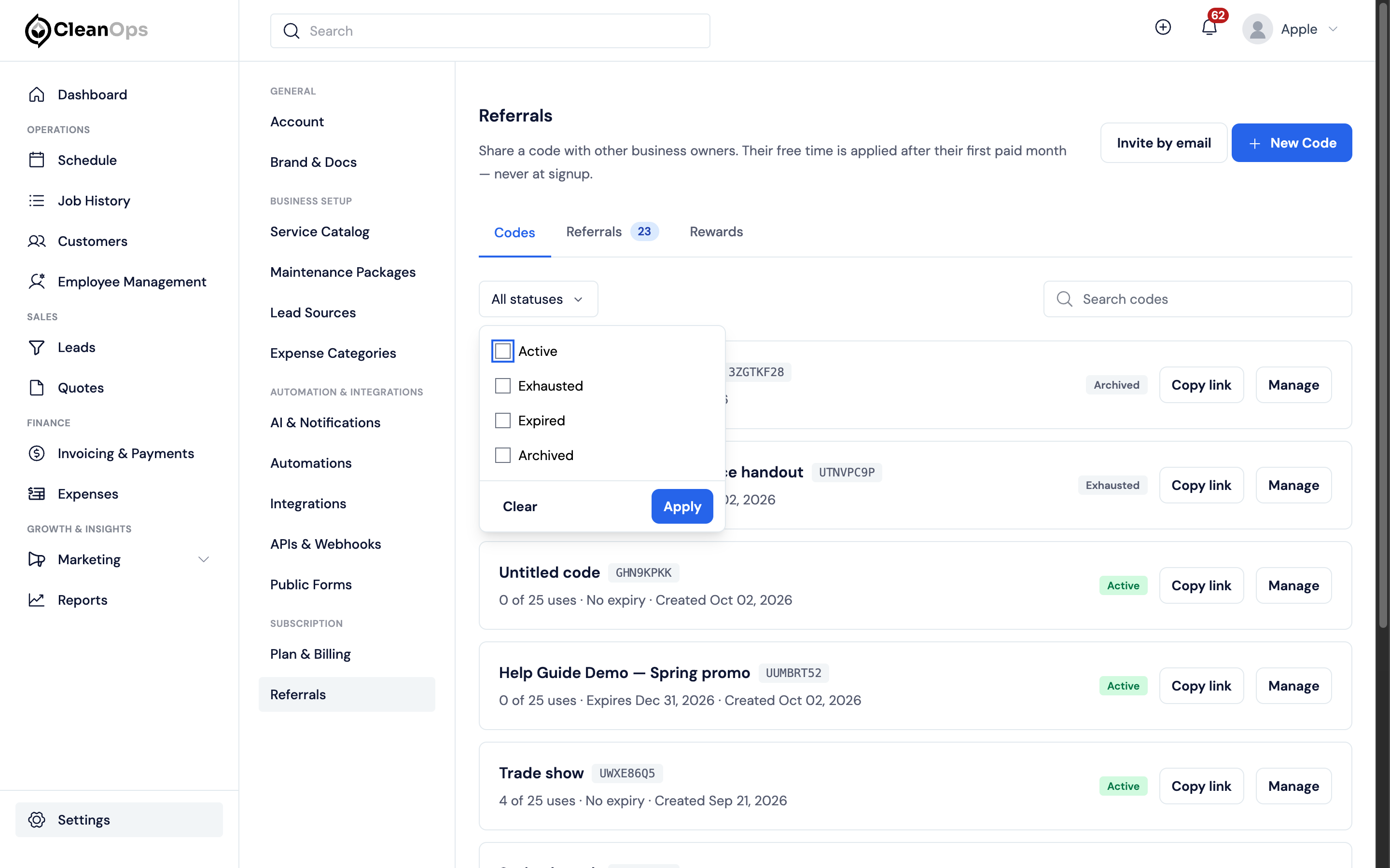 Screenshot — Code statuses, filters, and empty lists