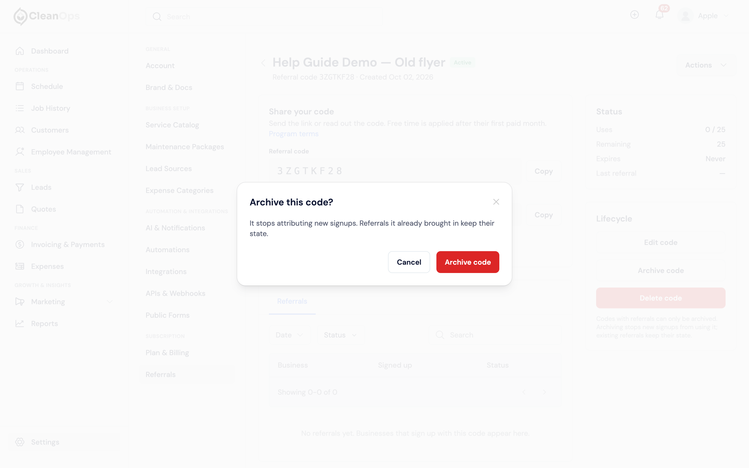 Screenshot — Archive or unarchive a code