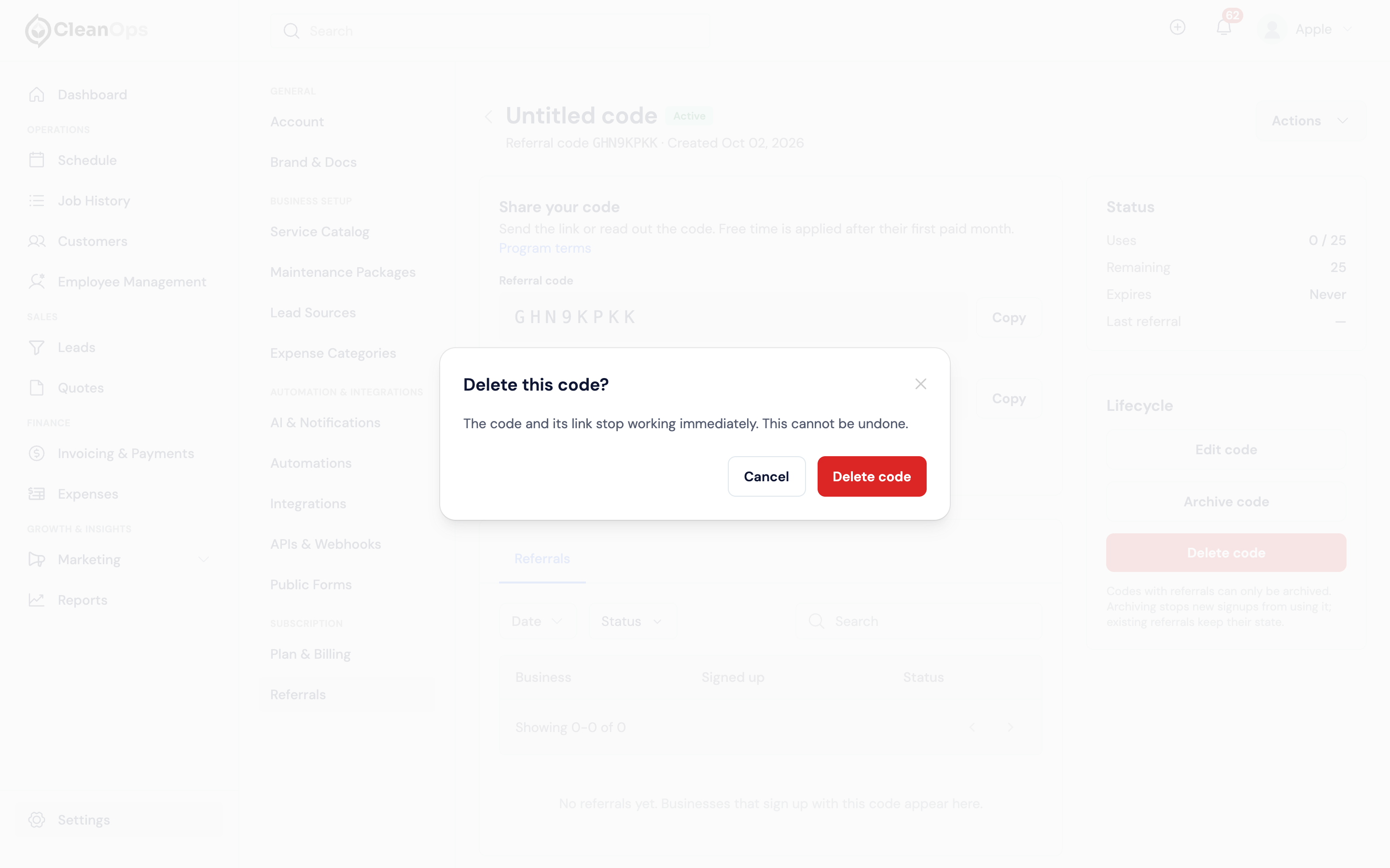 Screenshot — Delete an unused code