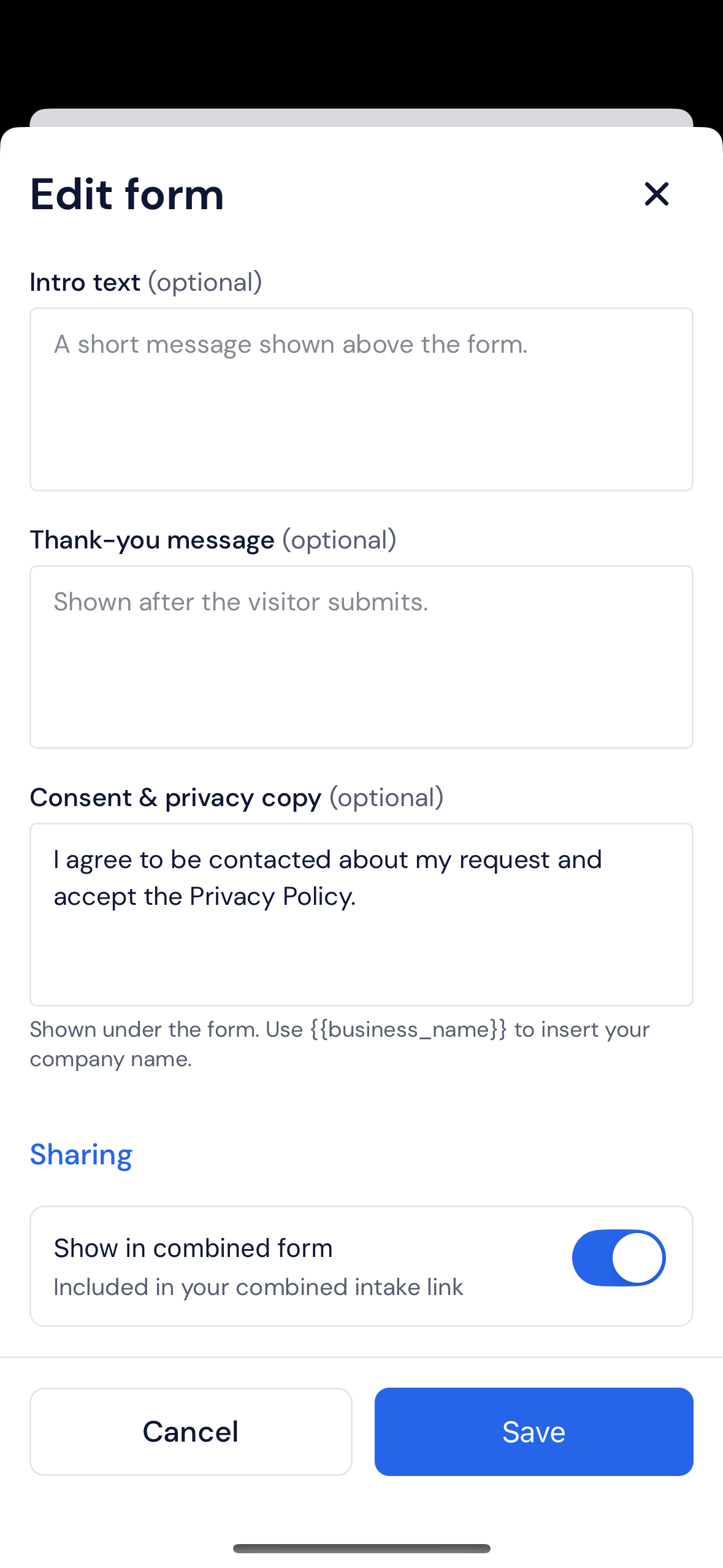 Screenshot — Offer a form on the combined link