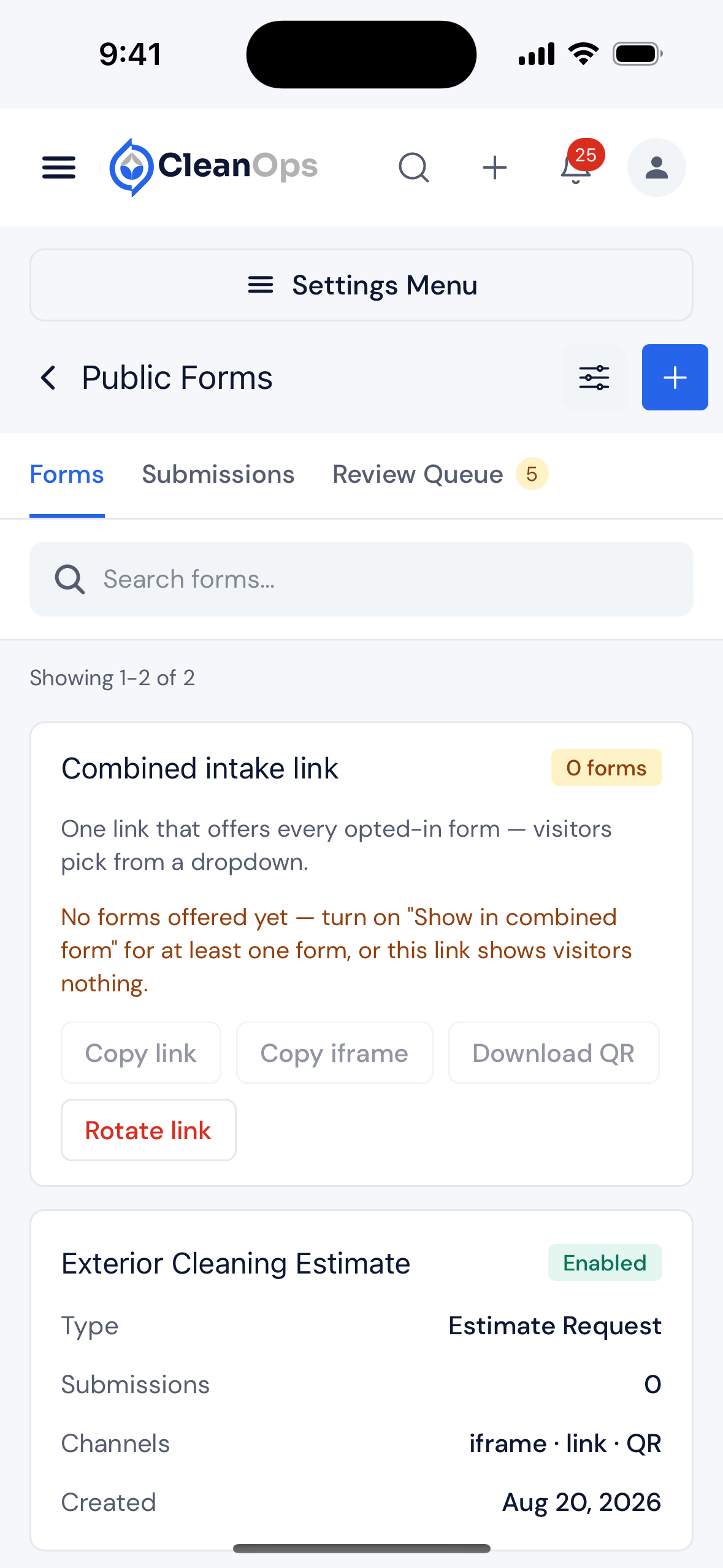 Screenshot — When no forms are offered