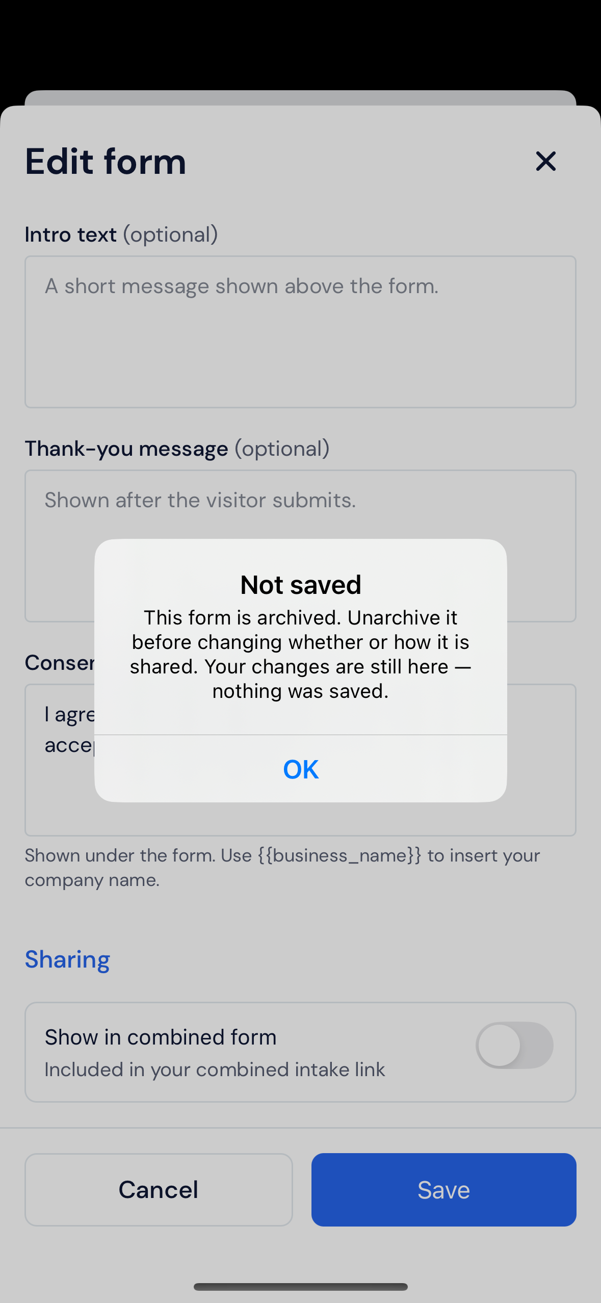 Screenshot — When a form is archived