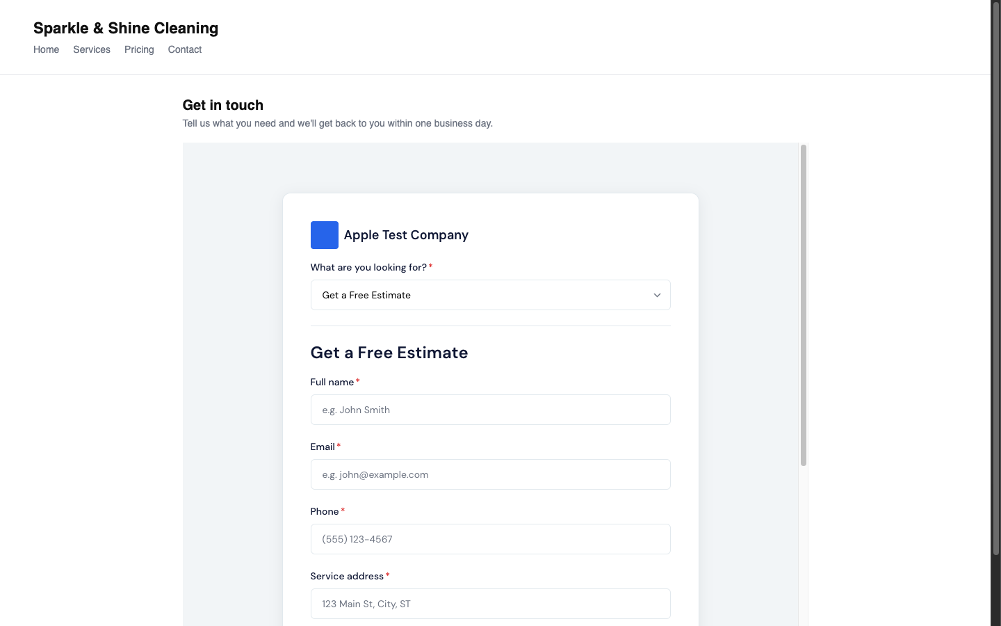 Screenshot — Embed the form on your website