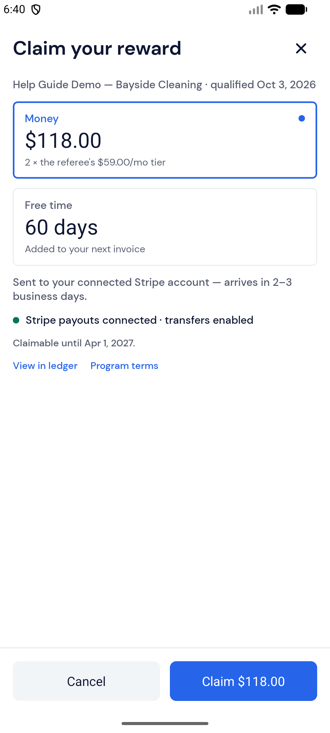 Screenshot — Claim a reward as money
