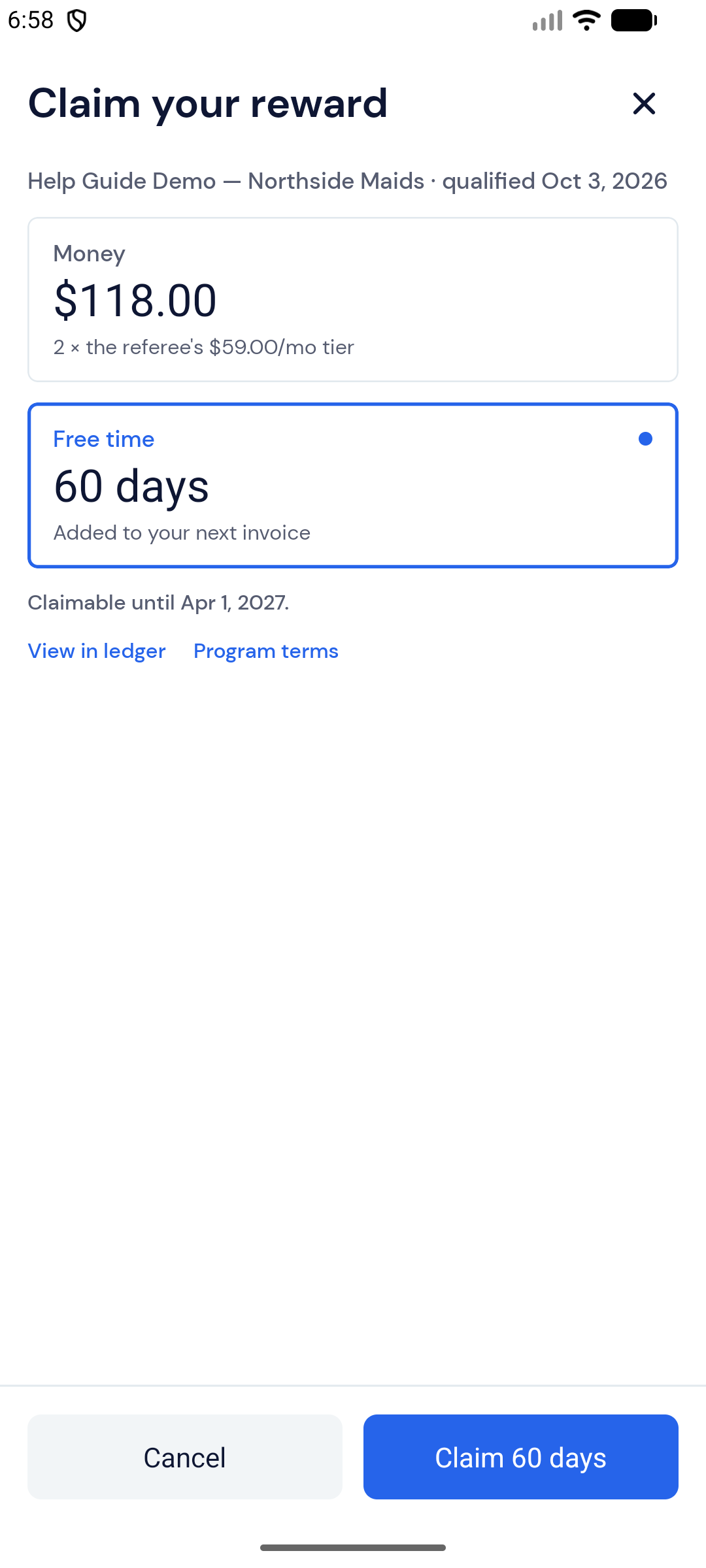 Screenshot — Claim a reward as free time