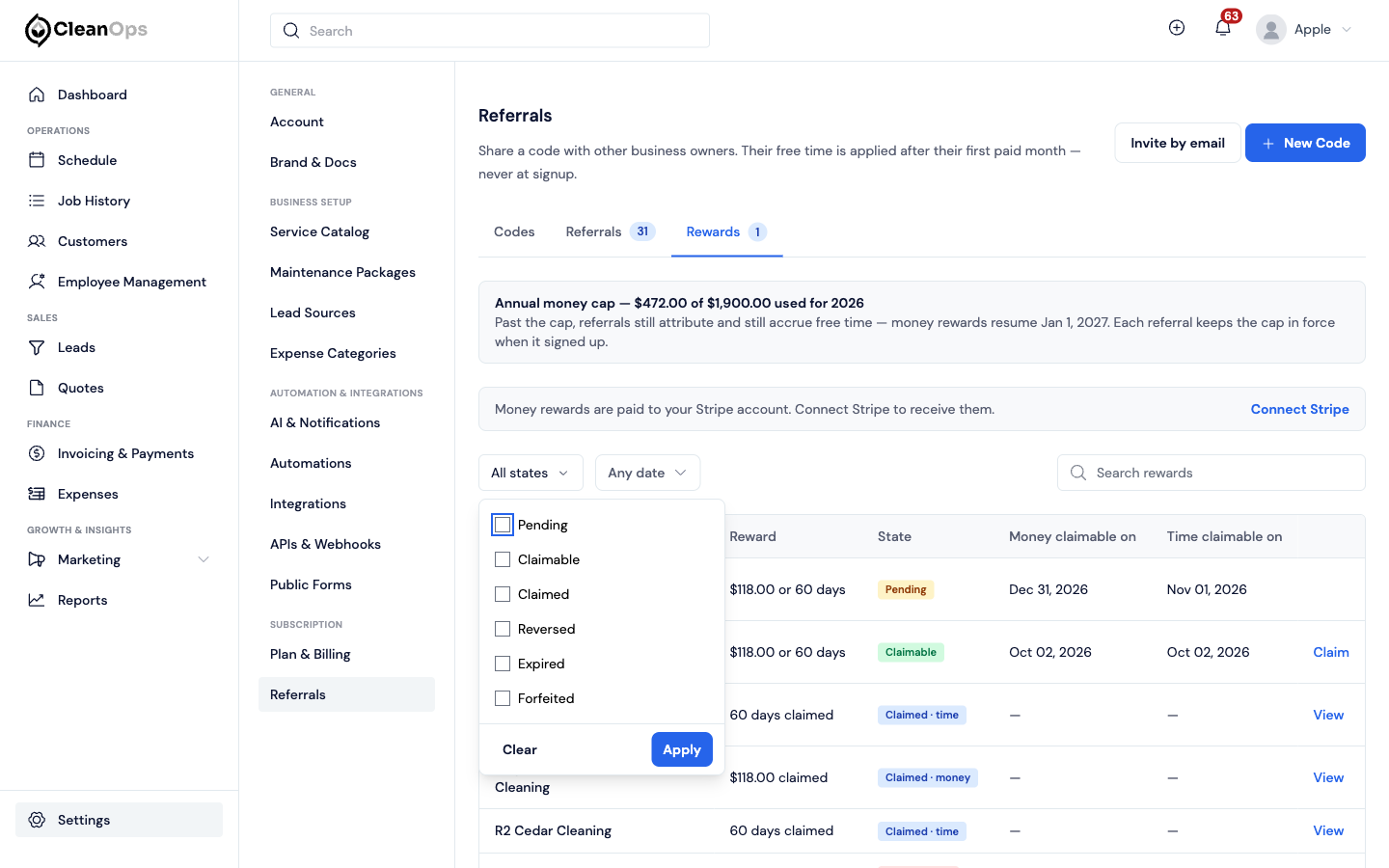 Screenshot — Filter and search rewards